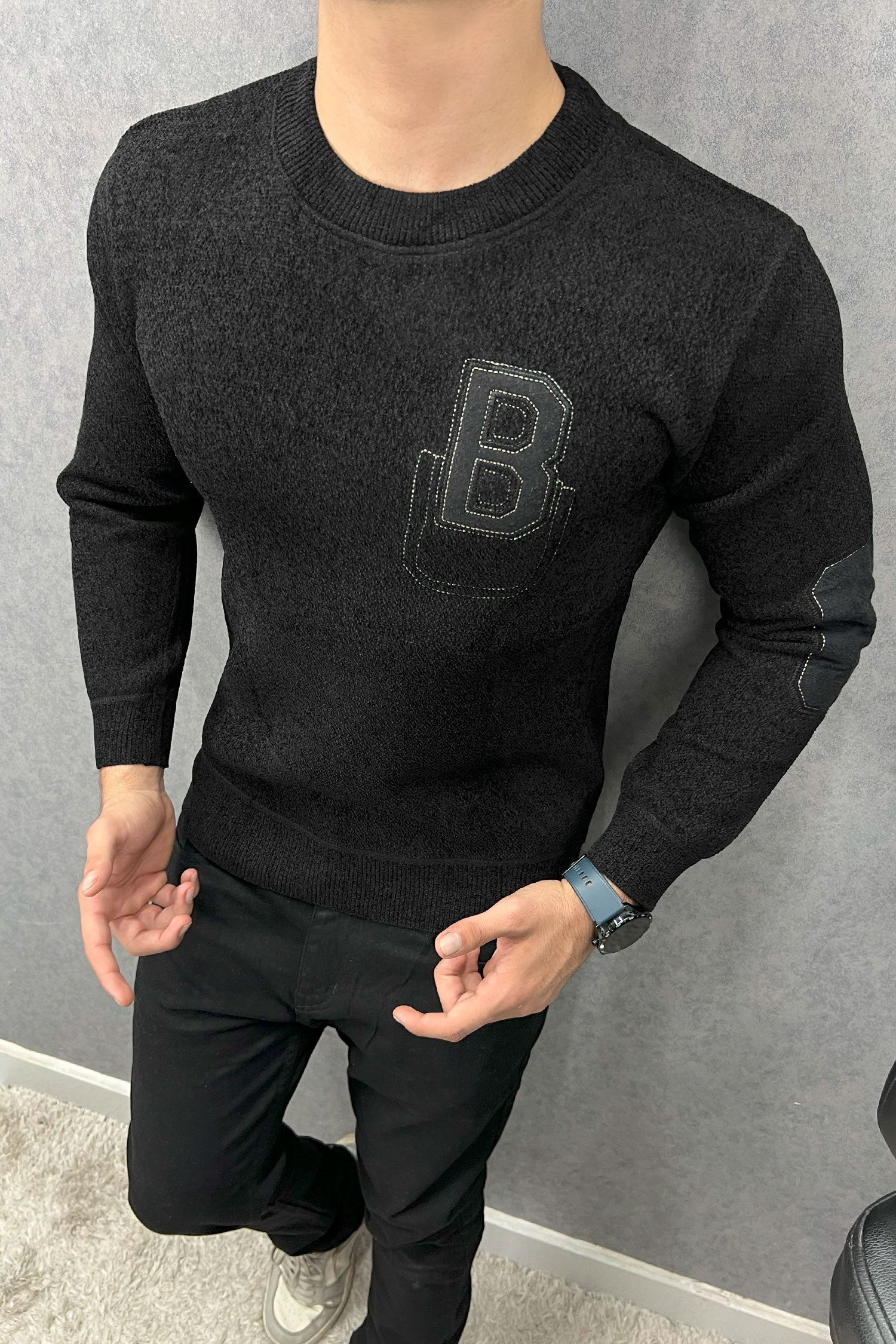 B Letter Round Neck Imported Men's Sweatshirt