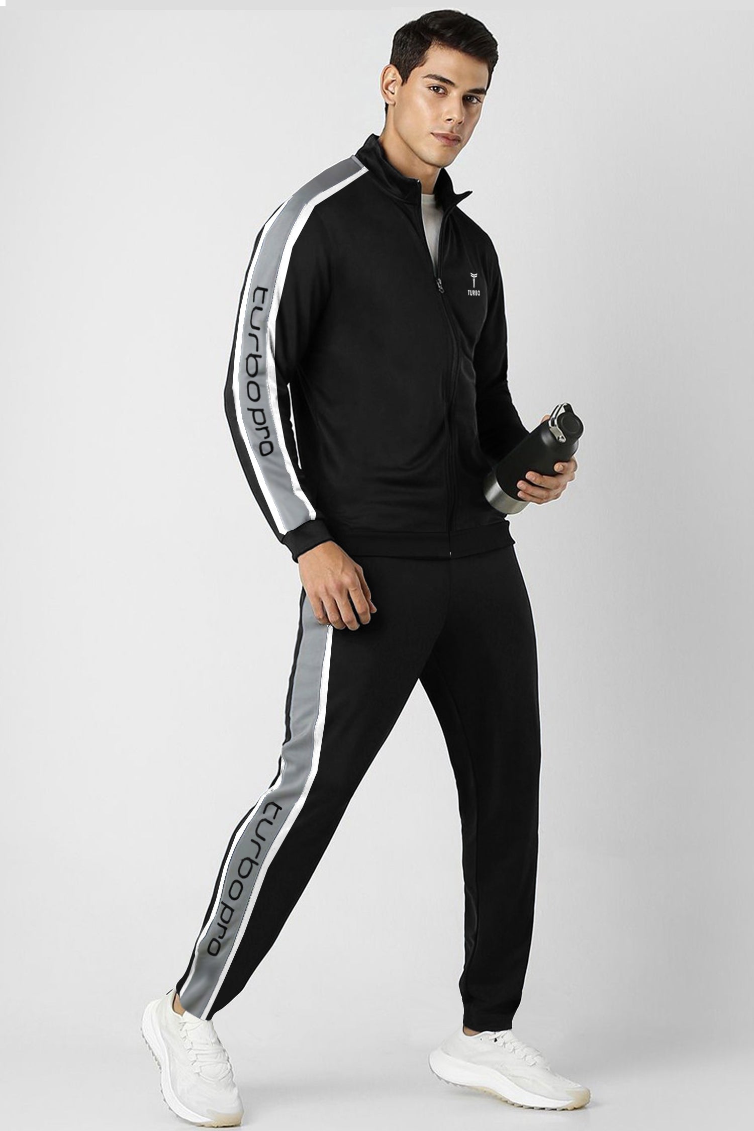 Turbo Signature Typography Men Zipper Tracksuit In Black