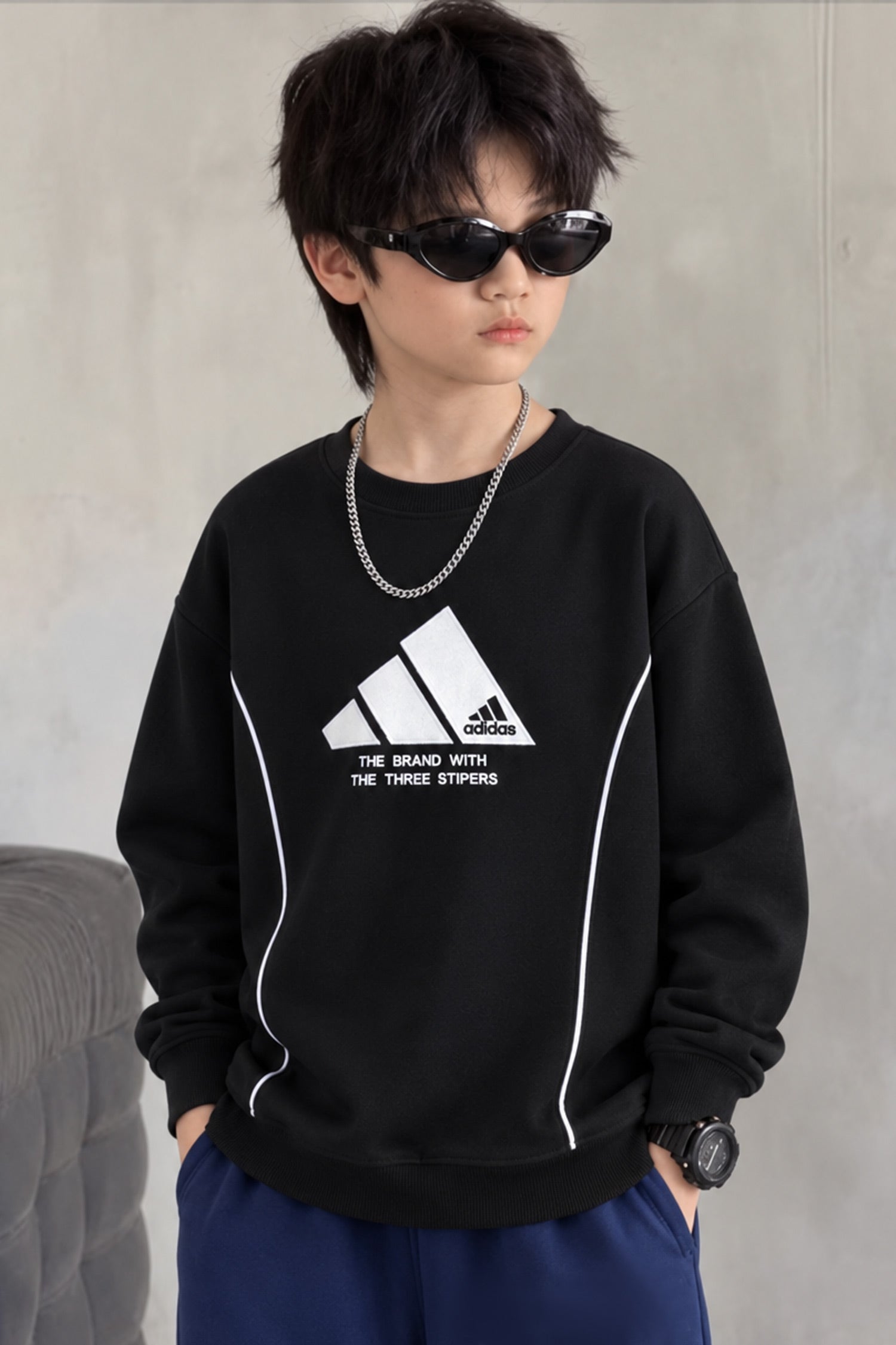 Adds Signature Round Neck Kid's Sweatshirt In Black