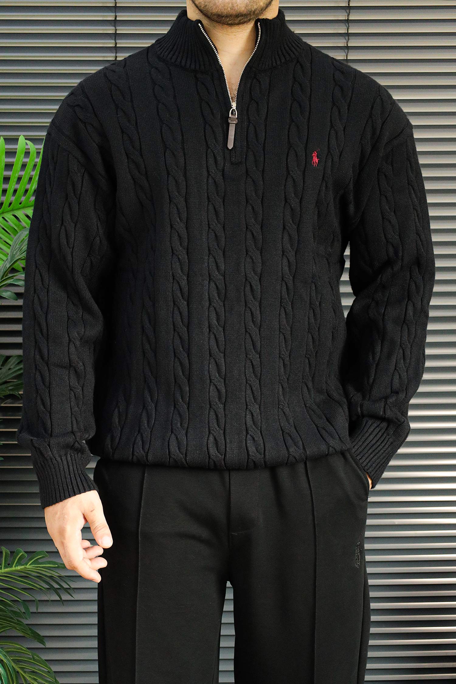 Polo Pony Half-Zip Cable Knit Texture Imported Men's Jumper Sweater In Black