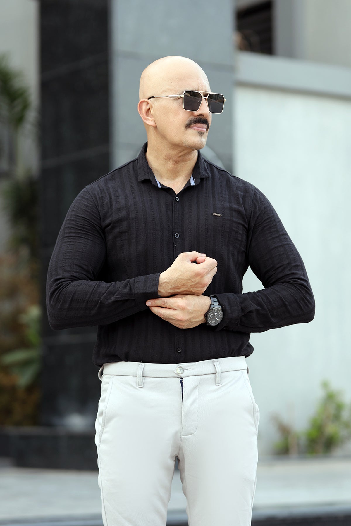 Turbo Self Stripe Motif Long Sleeve Cotton Casual Shirt In Black