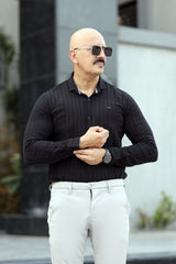 Turbo Self Stripe Motif Long Sleeve Cotton Casual Shirt In Black
