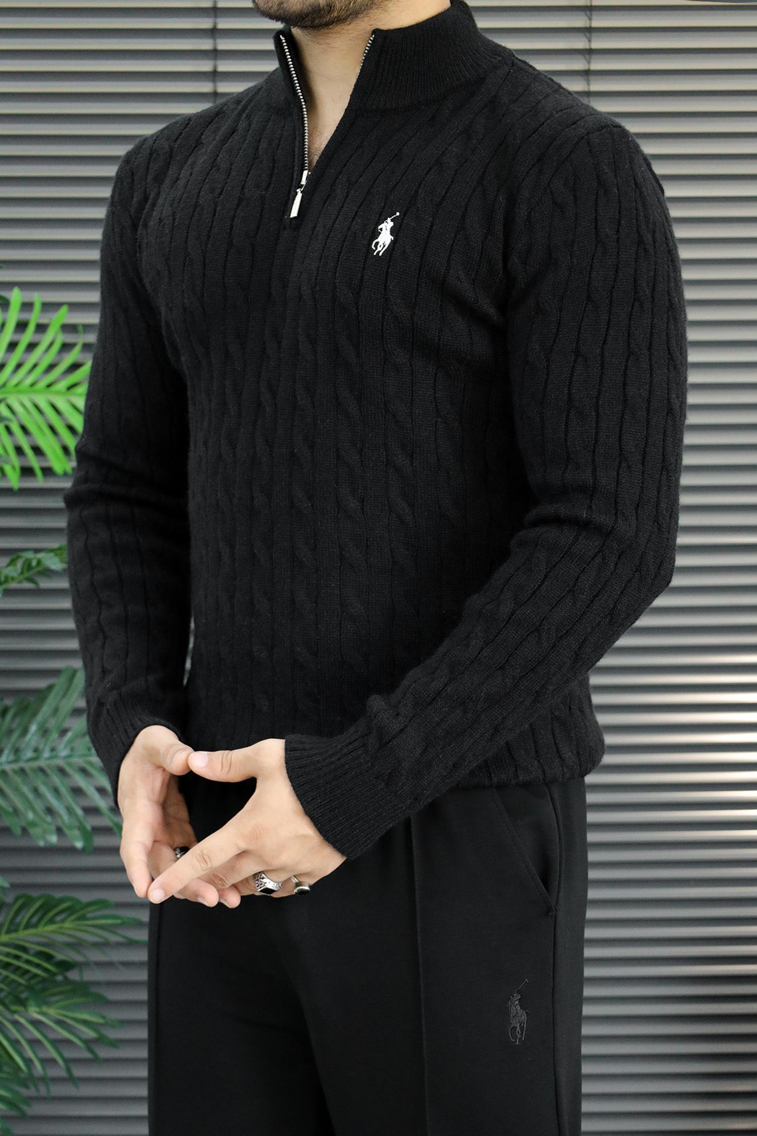 Polo Cable Crew Texture Half-Zip Imported Men's Jumper Sweater In Black