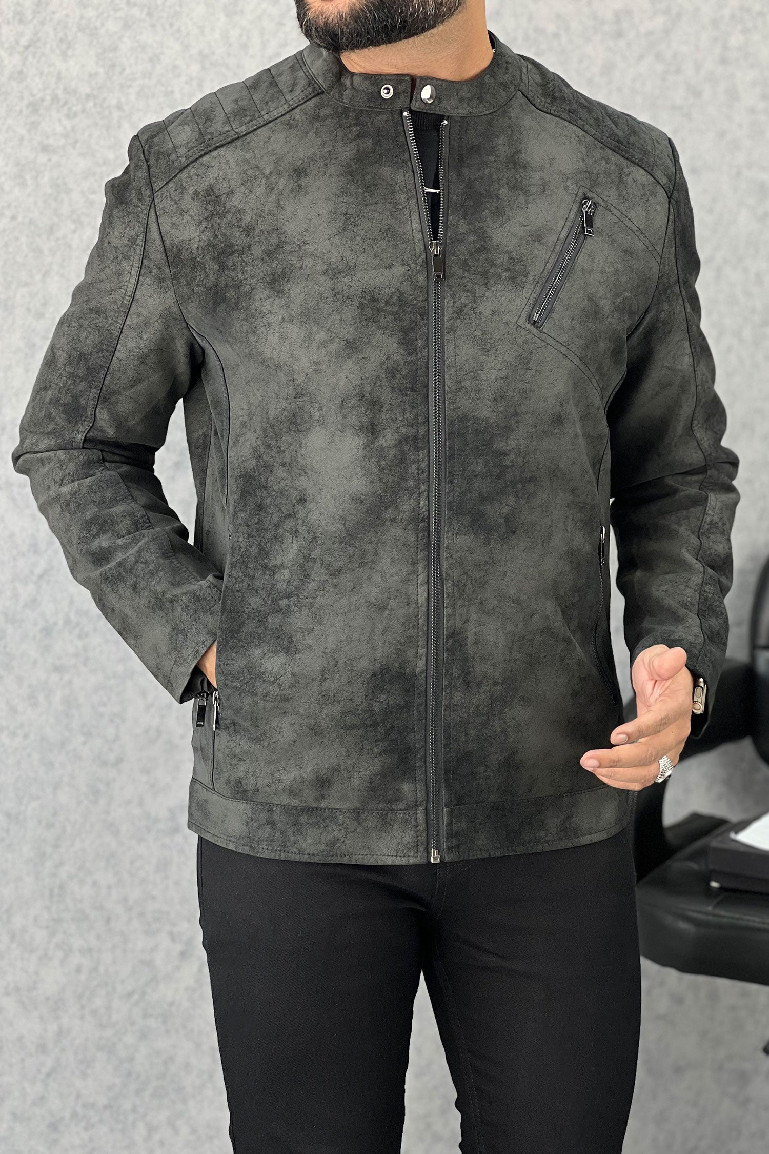 Trendy Self Shaded Men's Imported Suede Leather Jacket