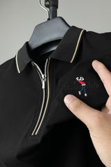Turbo Polo Striped Travel Zip Collar Men's Polo Shirt In Black