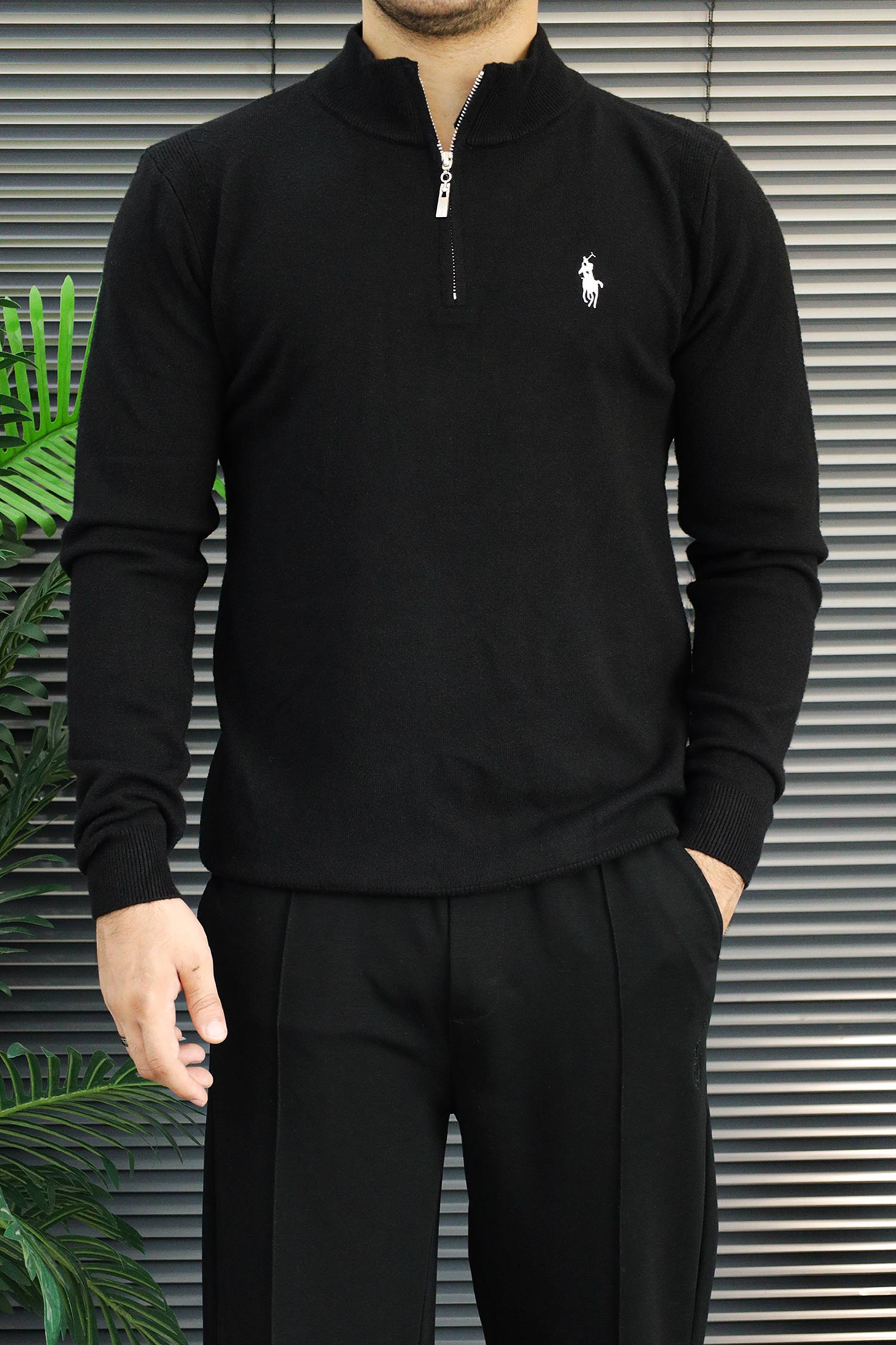 Polo Mock Neck Pullover Half-Knit Zip Imported Men's Jumper Sweater In Black