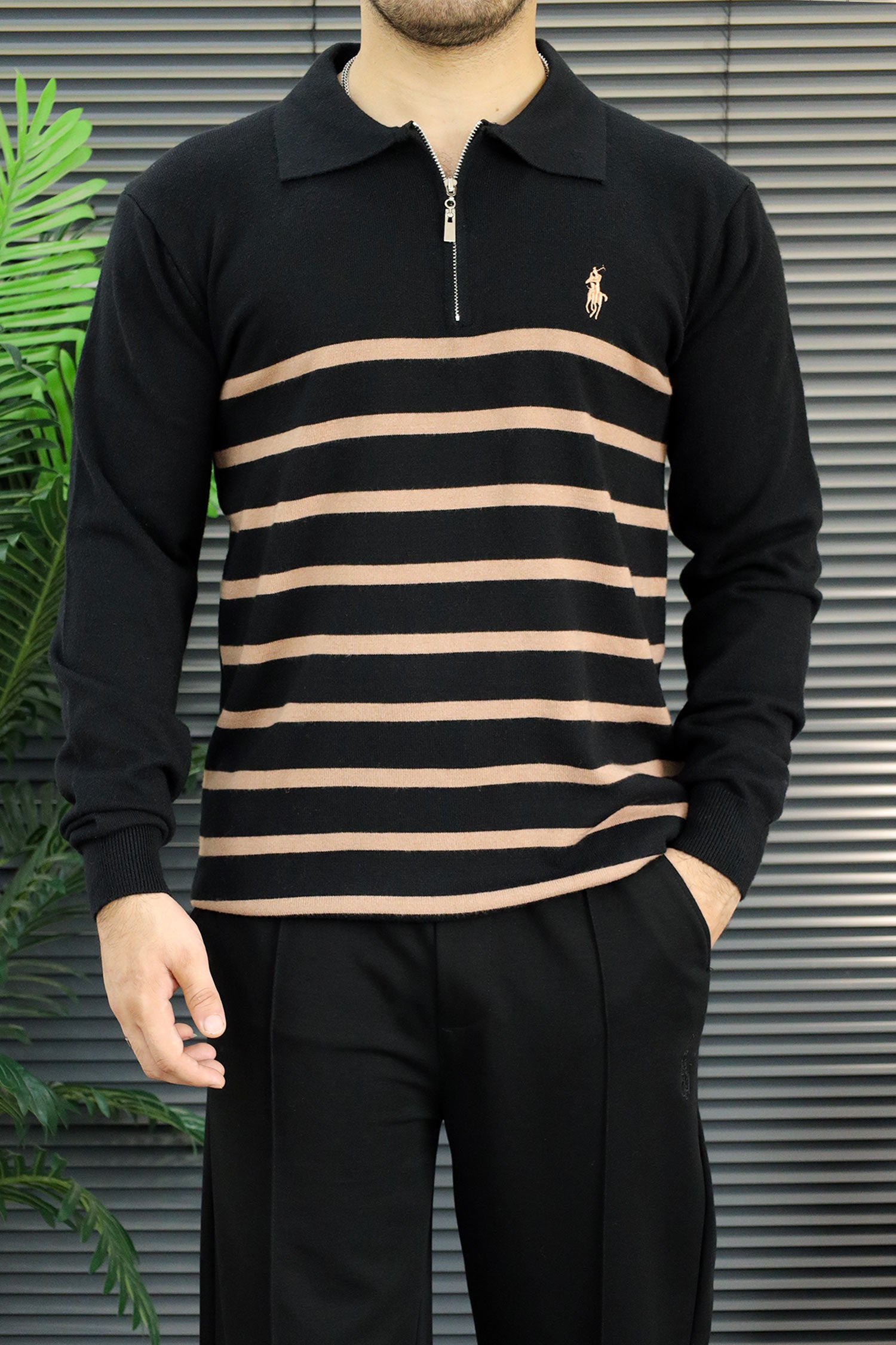 Polo Pony Classy Striped Half-Zip Imported Men's Jumper Sweater In Black