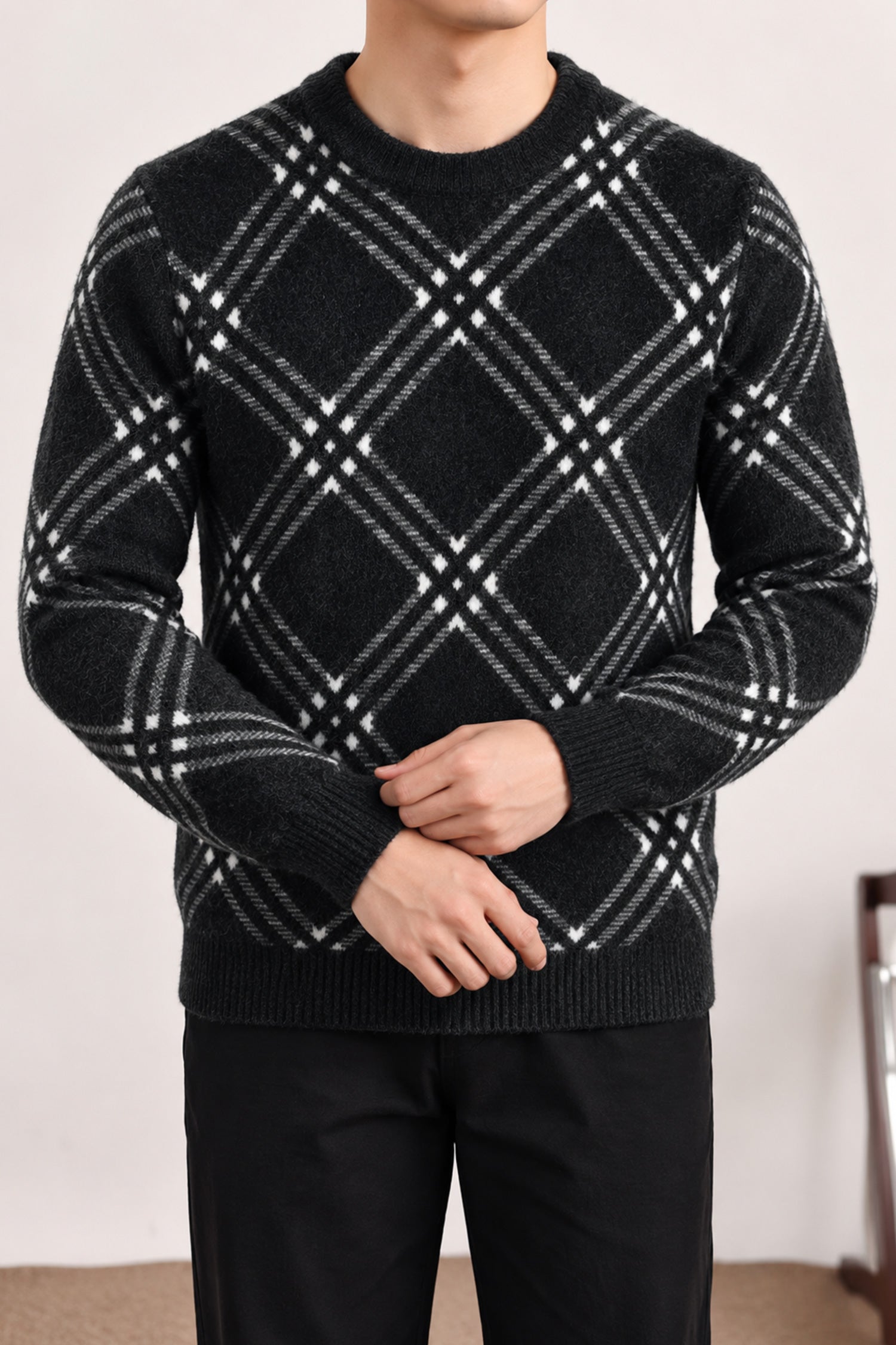 Checkered Plaid Pattern Imported Round Neck Rabbit Wool Men's Sweater In Black