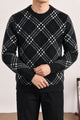 Checkered Plaid Pattern Imported Round Neck Rabbit Wool Men's Sweater In Black