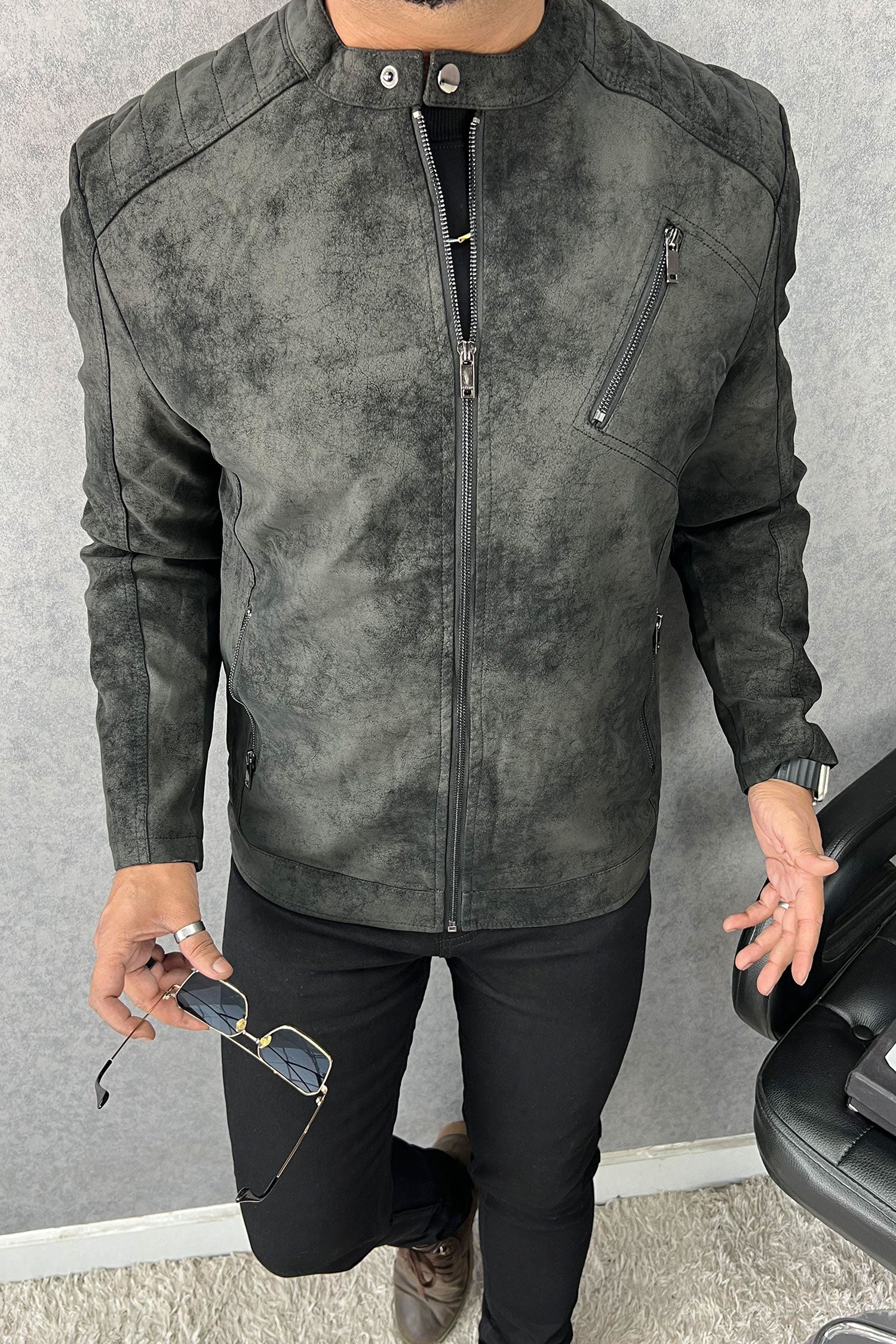 Trendy Self Shaded Men's Imported Suede Leather Jacket