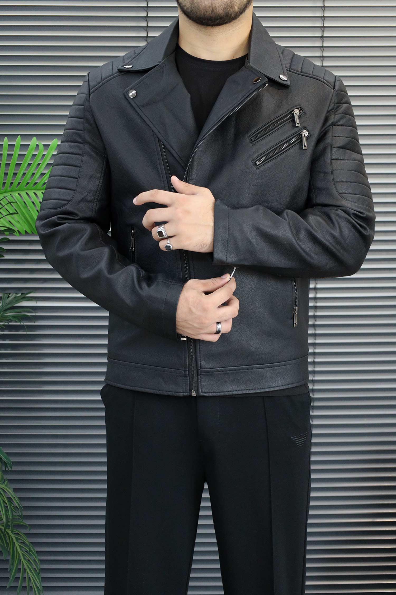 Men's Asymmetrical Zipper Imported Leather Jacket In Black