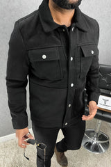 Contrast Tone Pockets Imported Men's Woolen Jacket In Black