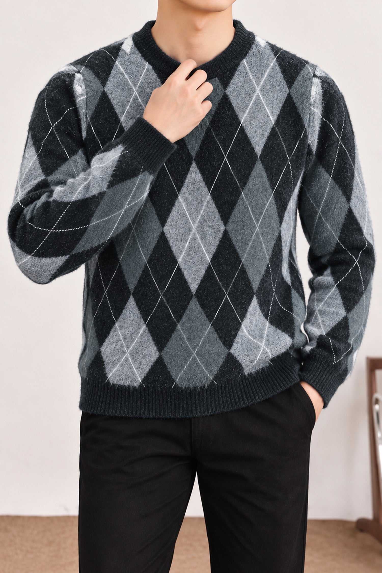Vintage Argyle Pullover Imported Round Neck Rabbit Wool Men's Sweater In Black