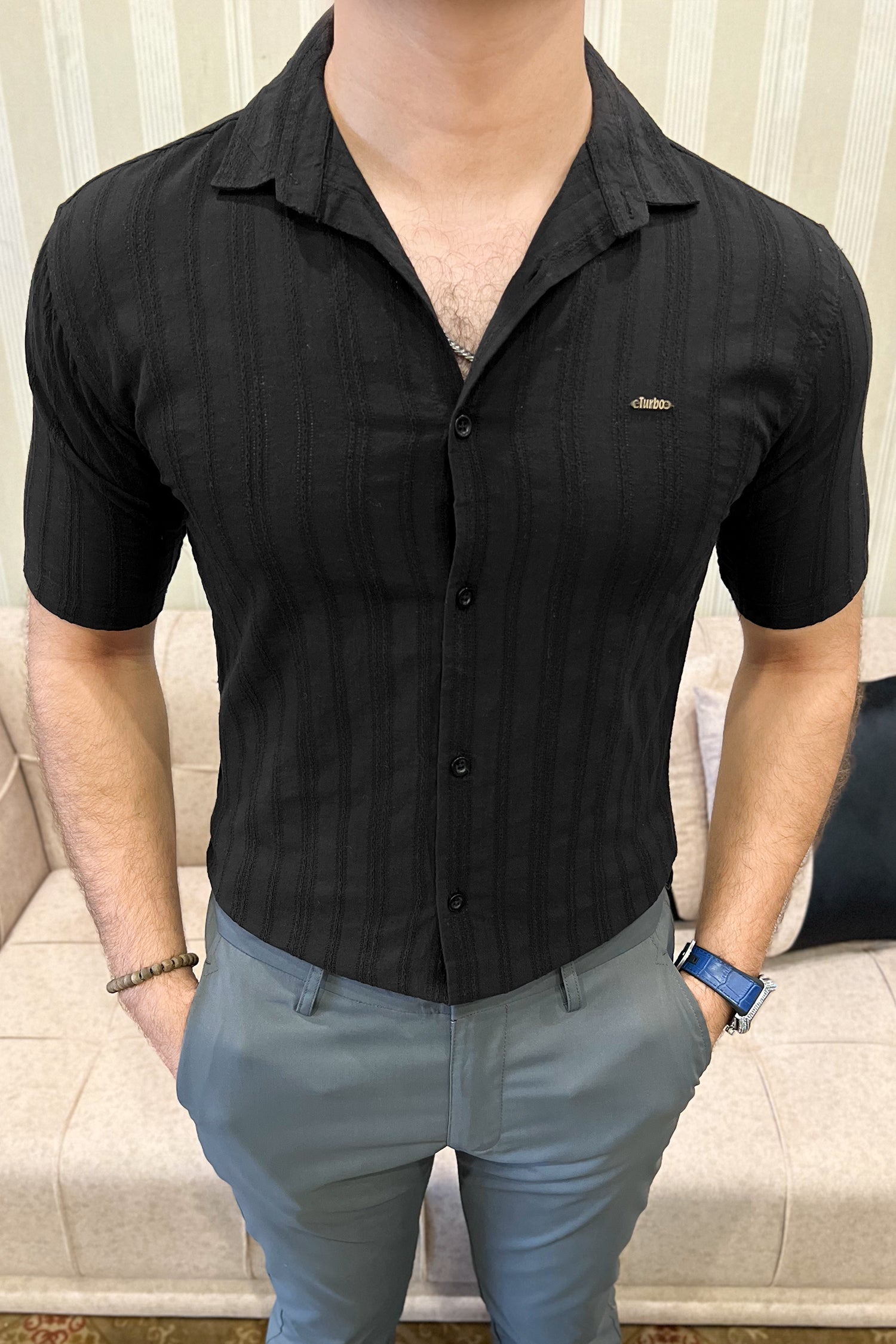Turbo Wave Texture Crochet Casual Shirt