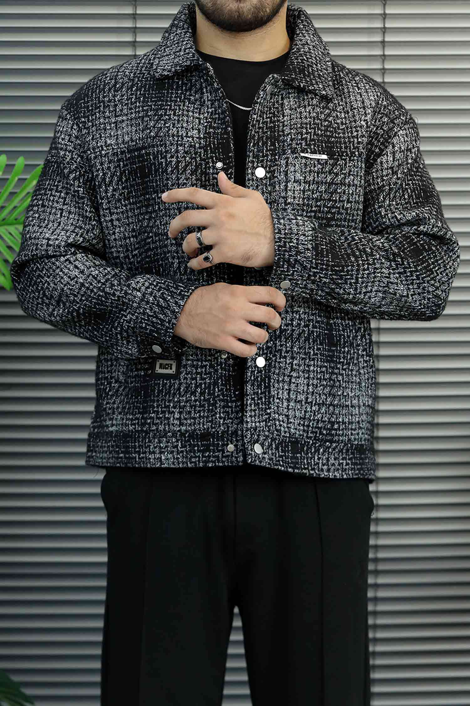 Outerwear Tweed Checkered Imported Men's Wool Jacket In Black