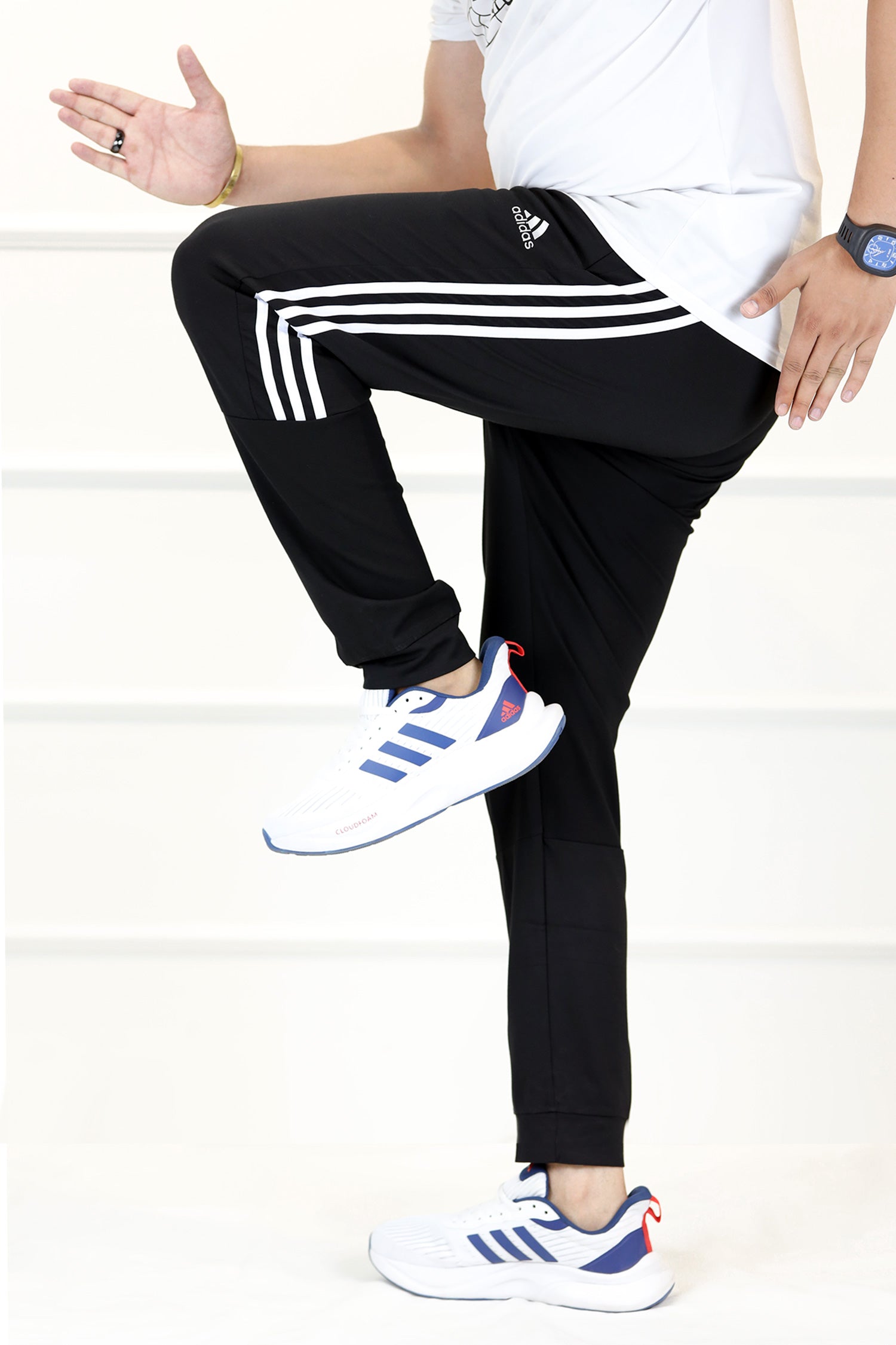 Adds Skinny Seluar Track 3 Stripes Line Sportswear Trouser In Black