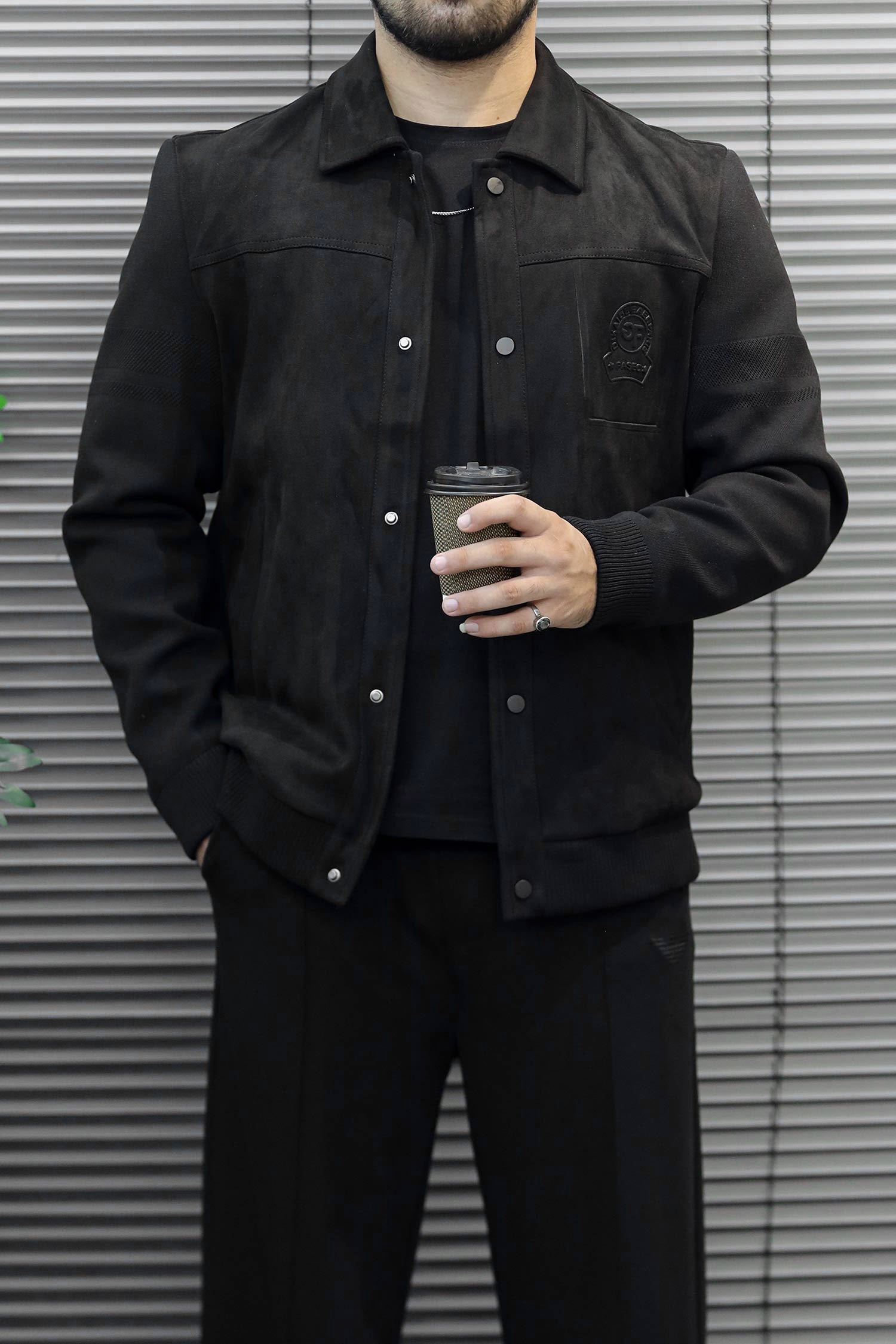Casual Wadded Patch Imported Men's Suede Wool Jacket In Black