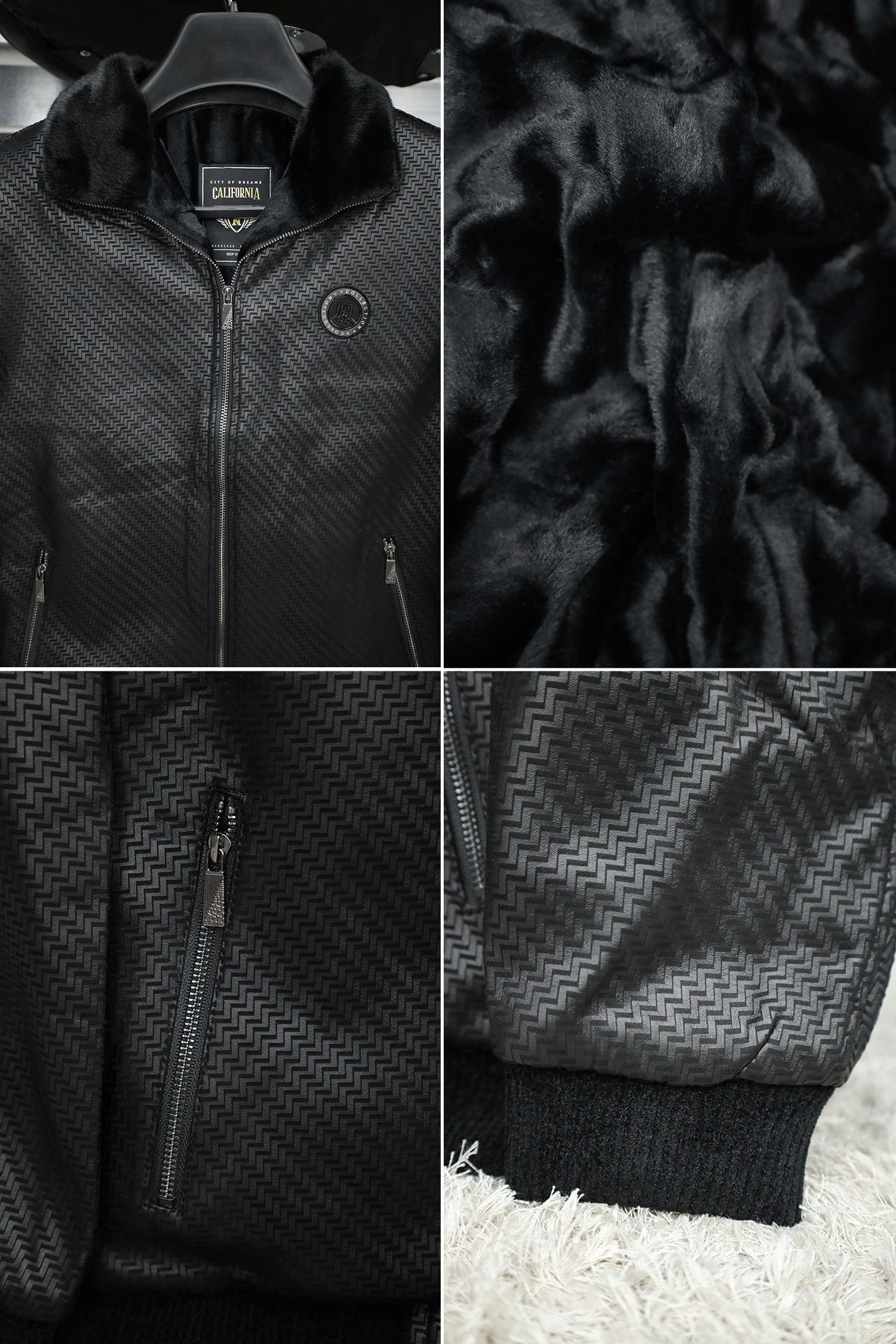 Texture Pattern Full Fur Collar Men's Imported Leather Jacket