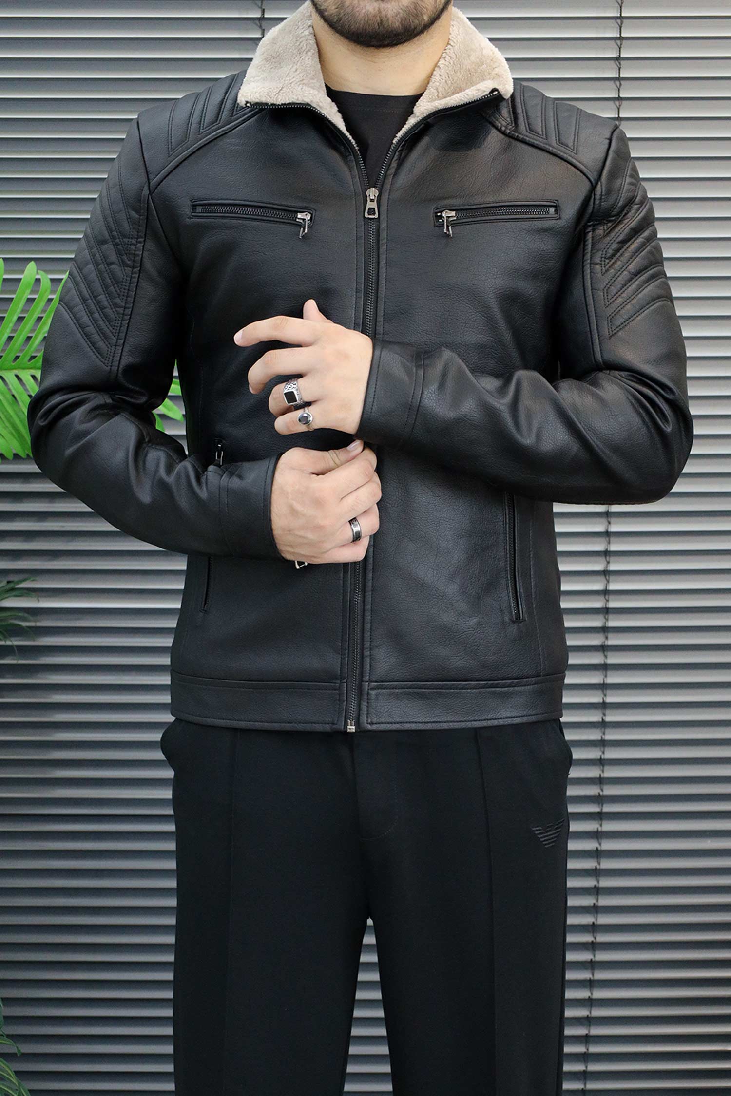 Men's Casual Multi-Pocket Zipper Imported Leather Jacket In Black