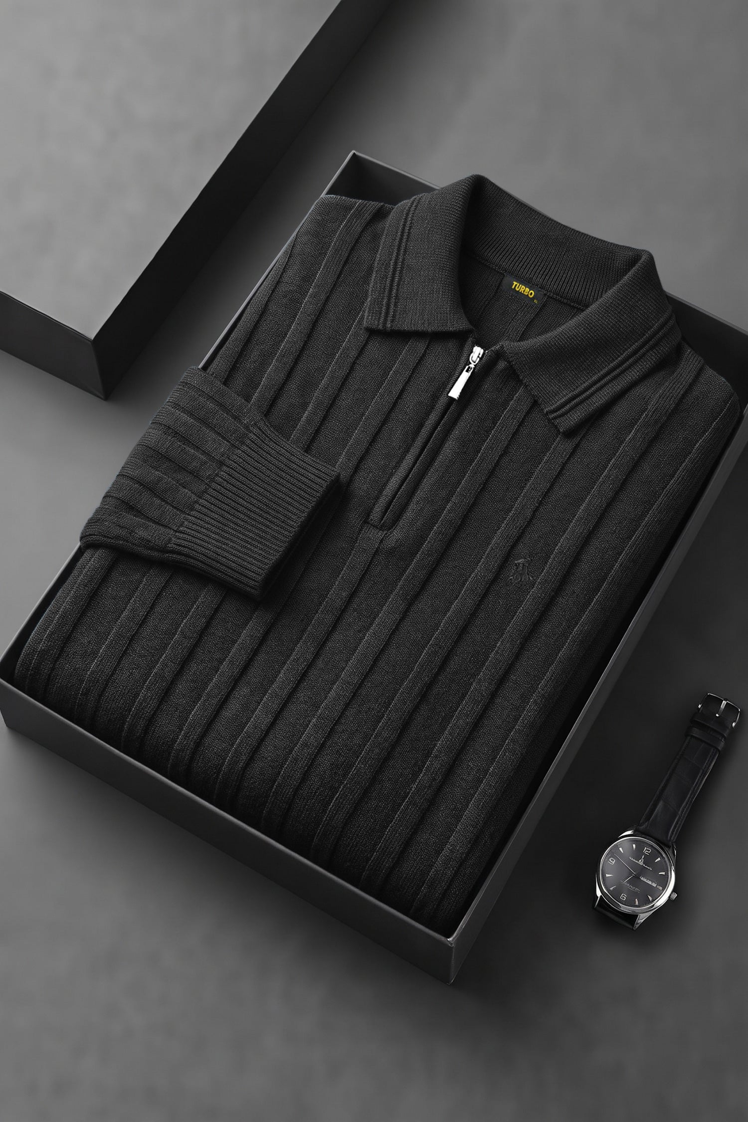 Turbo X Polo Ribbed Texture Quarter-Zip Imported Men's Jumper Sweater In Black