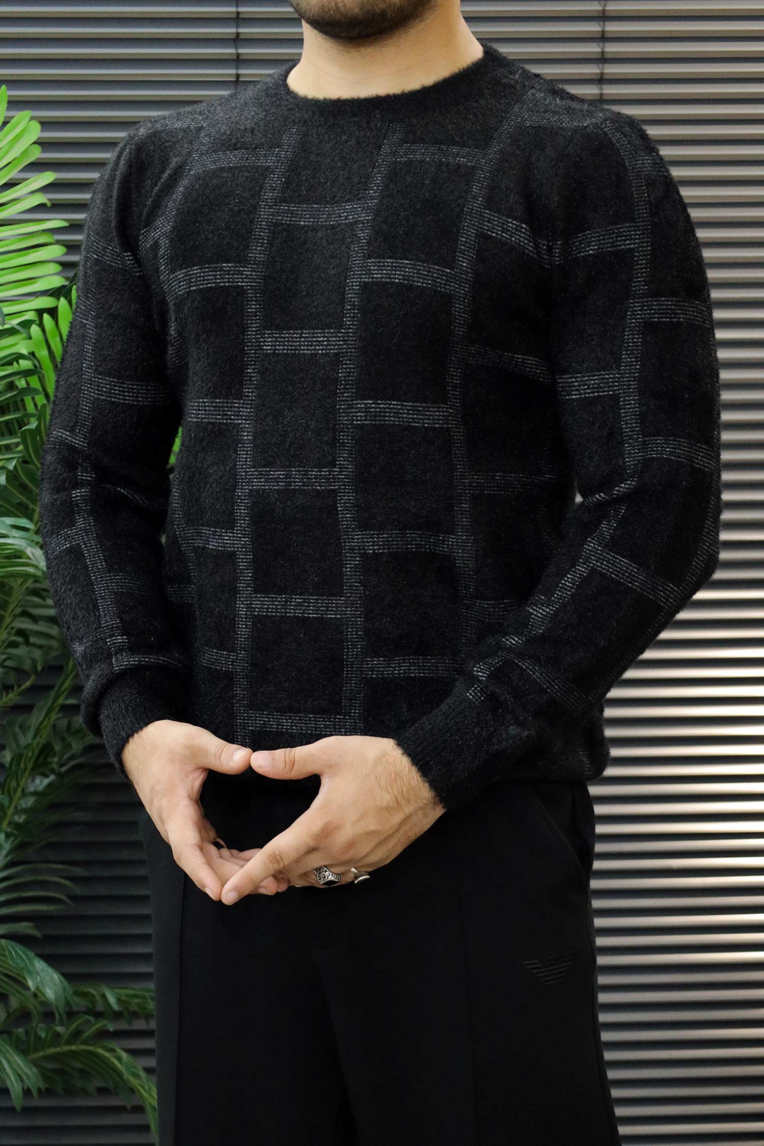 Brick Design Pattern Imported Round Neck Rabbit Wool Men's Sweater In Black