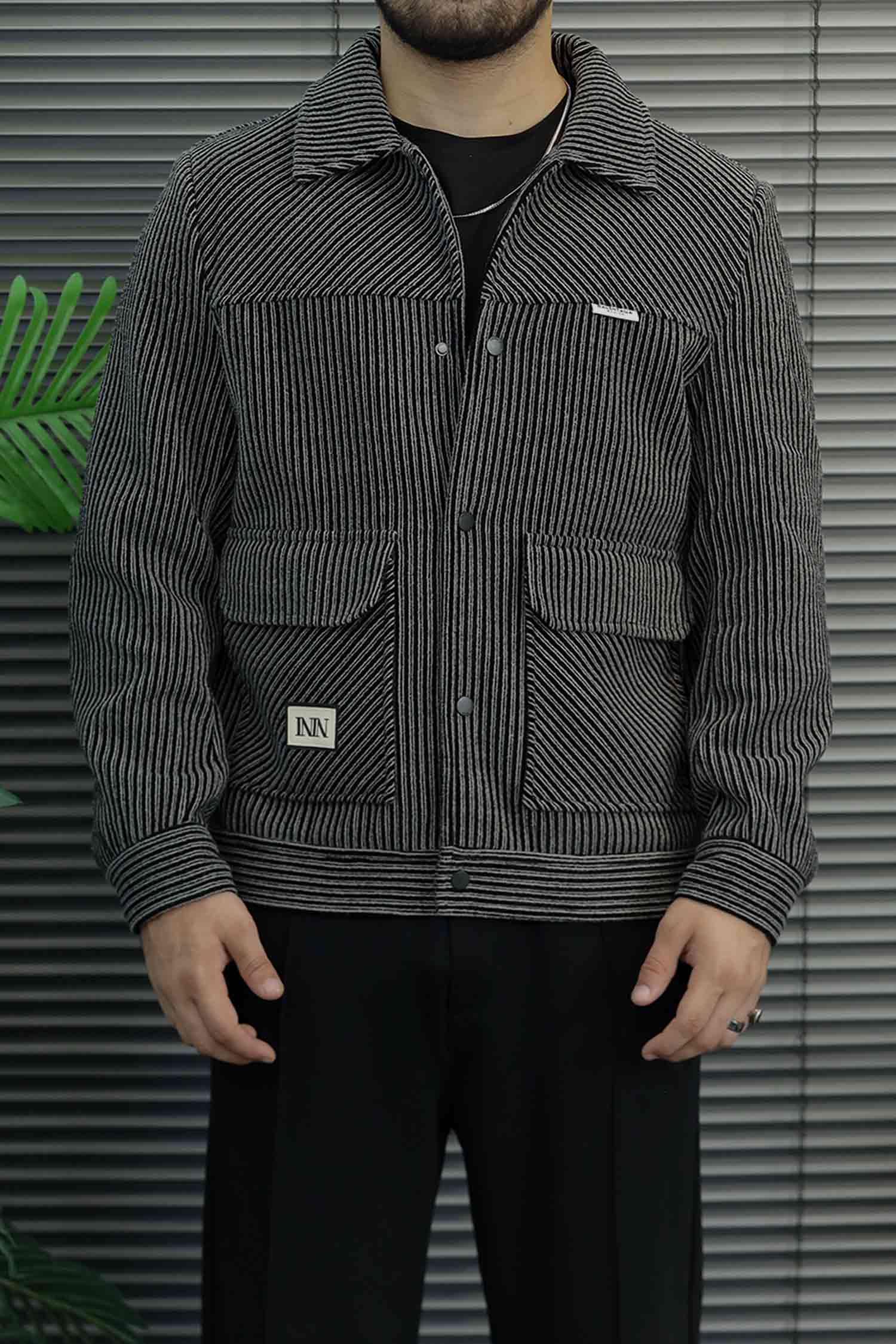 Multicolor Corduroy Imported Men's Wool Jacket In Black