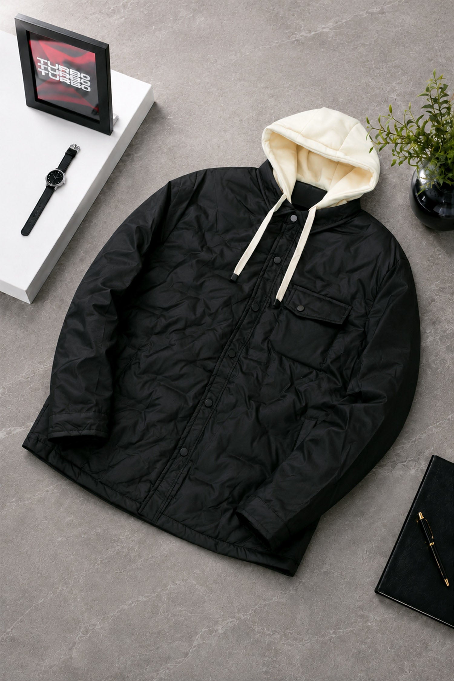 Wind Breaker Detachable Hood Imported Puffer Jacket In Black
