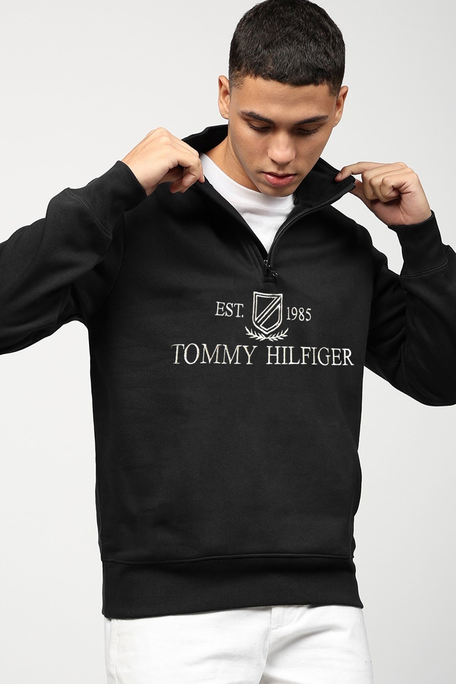 Tmy Hlfgr Embriodered Half Zip Full Sleeves Men's Sweatshirt