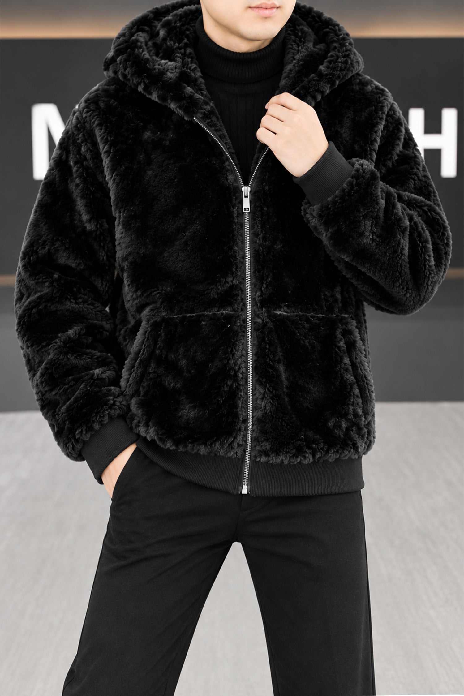 Turbo Cloud Soft-Fur Hooded Imported Men's Fur Jacket In Black