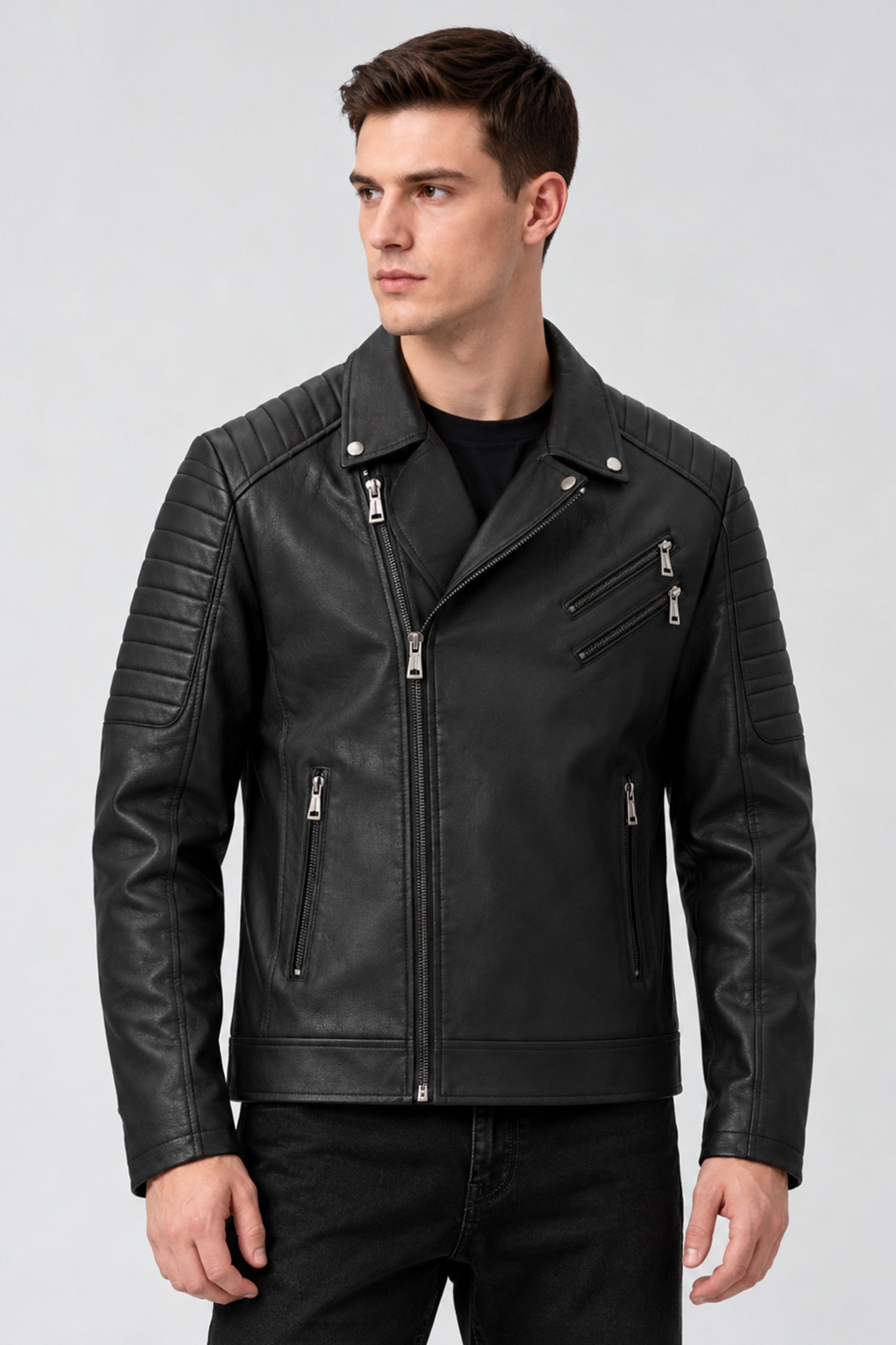 Men's Asymmetrical Zipper Imported Leather Jacket In Black