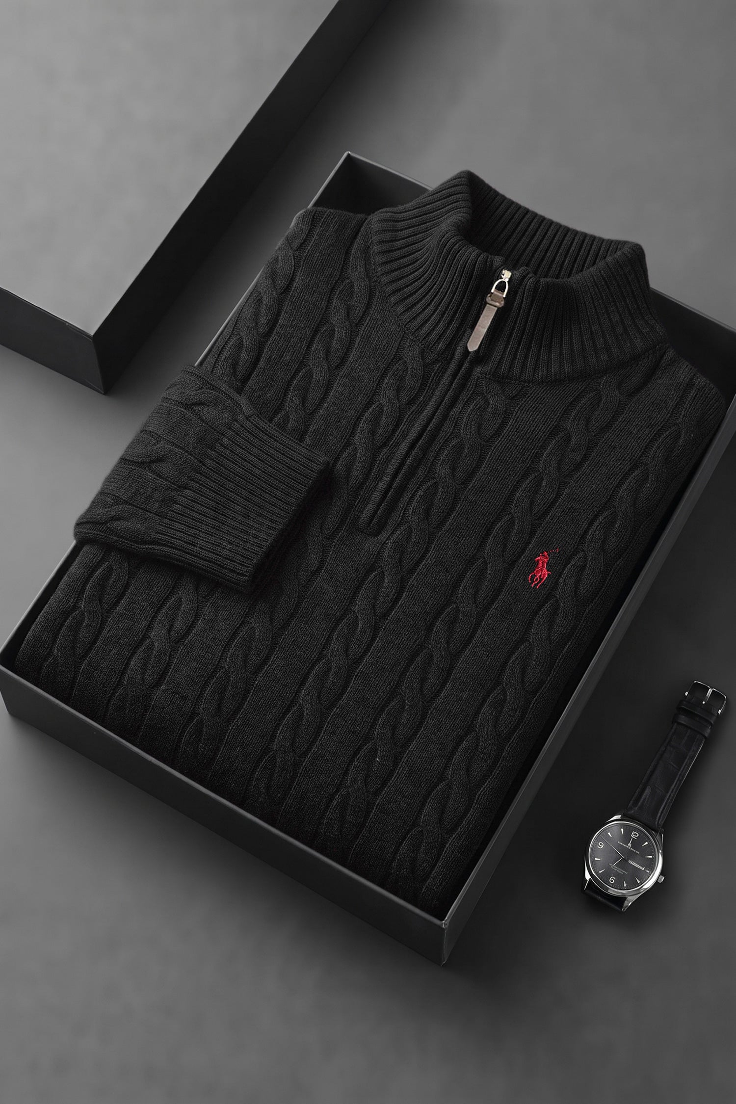 Polo Pony Half-Zip Cable Knit Texture Imported Men's Jumper Sweater In Black