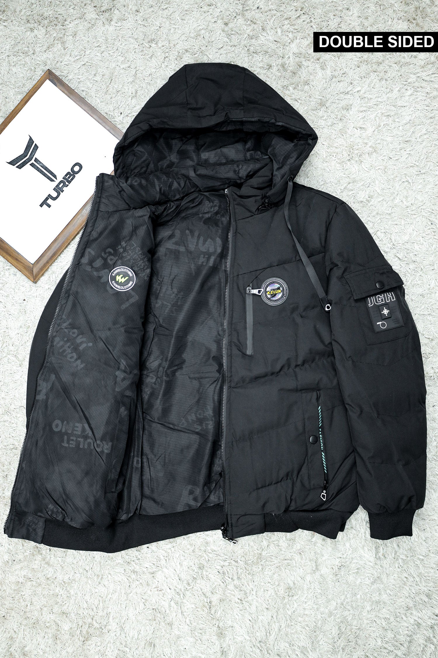 Zipper Motif Quited Hooded Big Size Imported Puffer Jacket