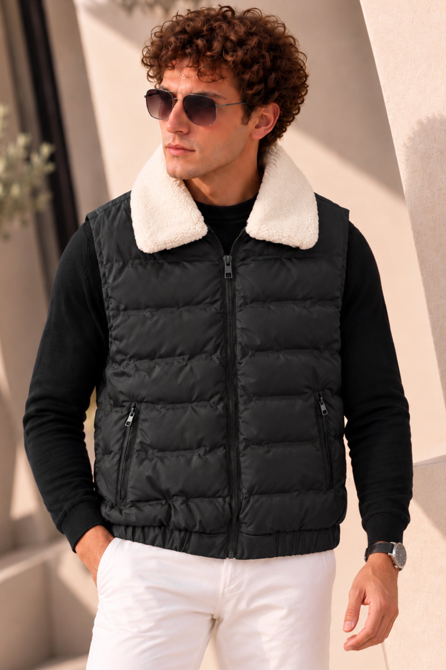 Sherpa Fur Collar Imported Parachute Men's Gilet In Black