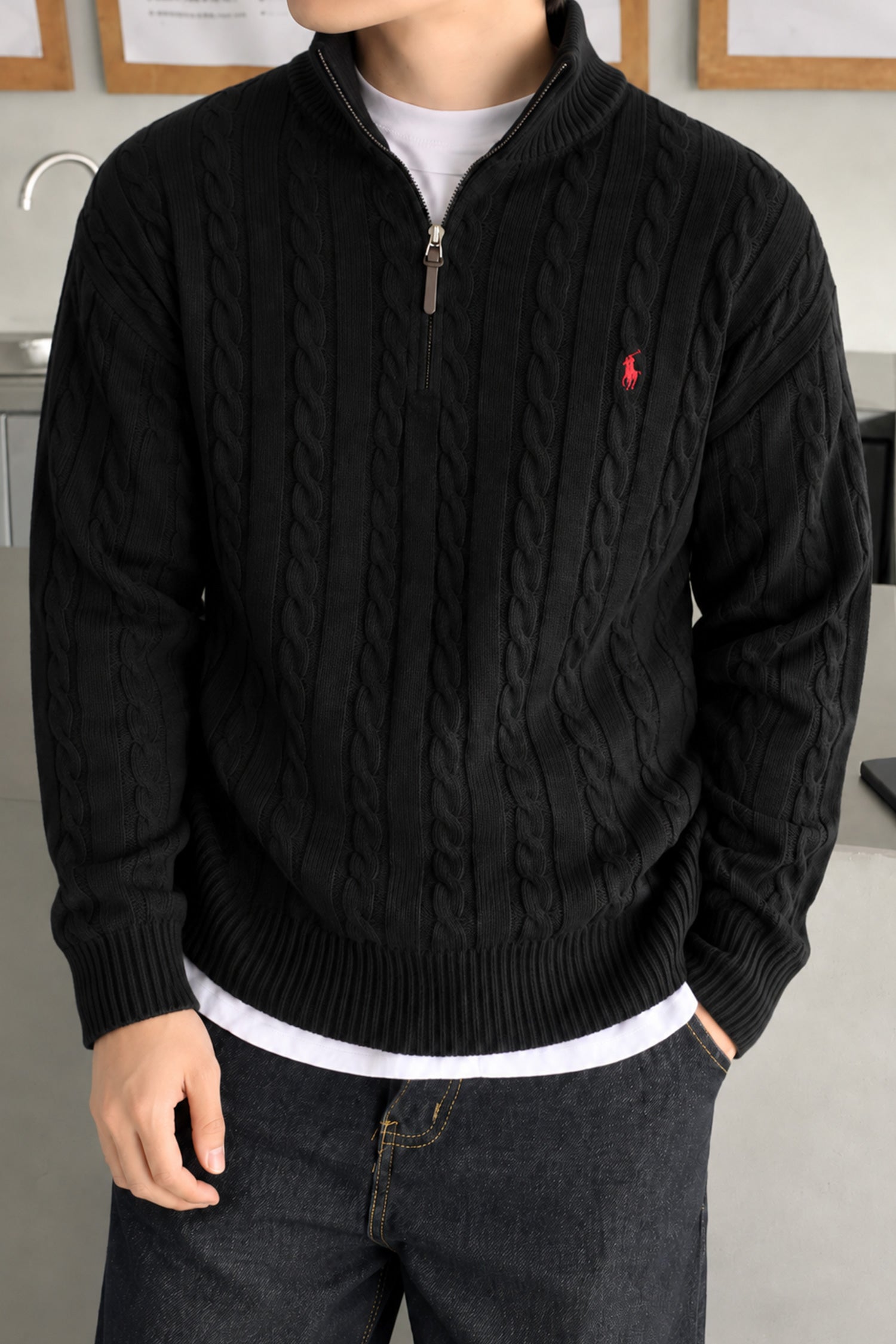 Polo Pony Half-Zip Cable Knit Texture Imported Men's Jumper Sweater In Black