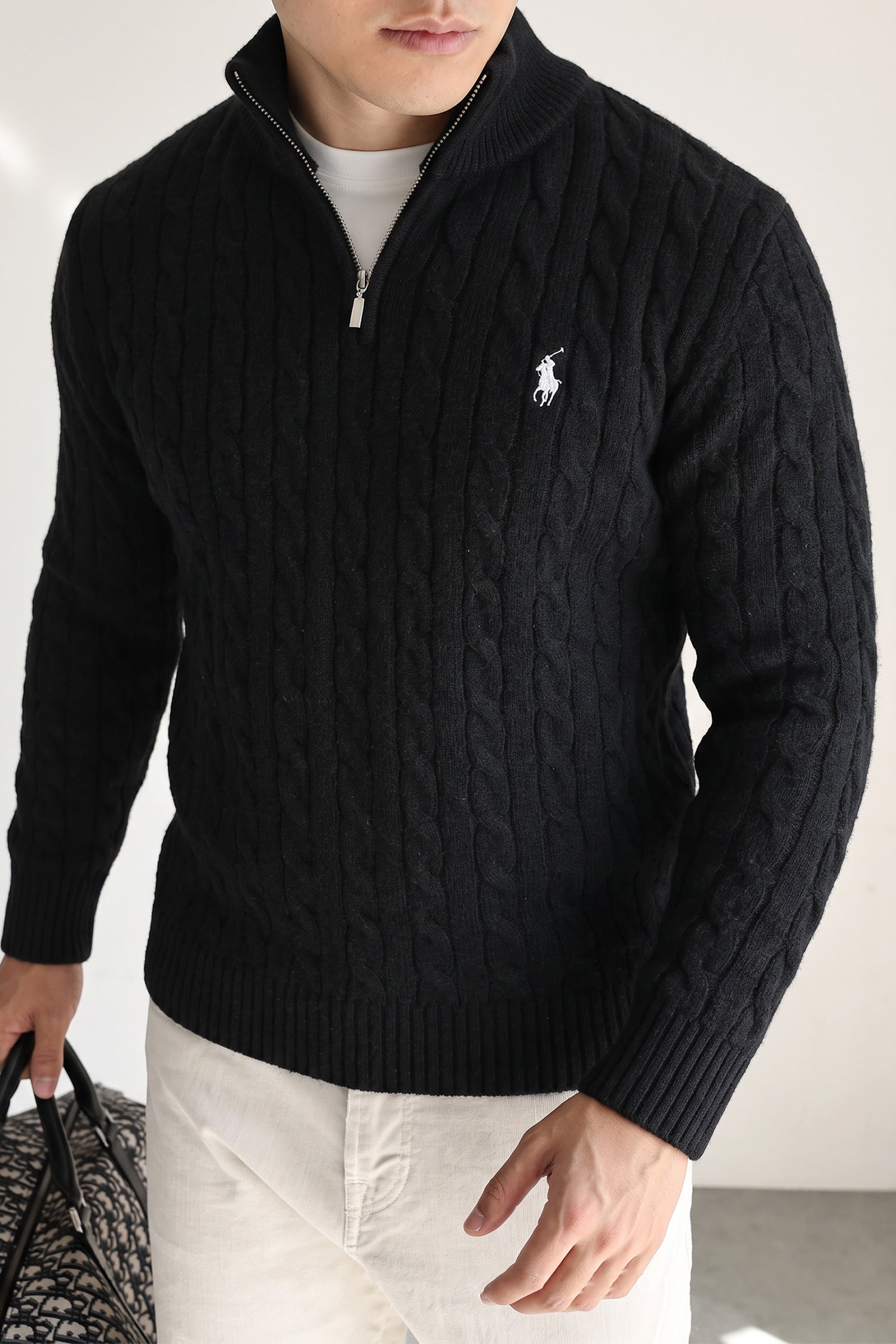 Polo Cable Crew Texture Half-Zip Imported Men's Jumper Sweater In Black