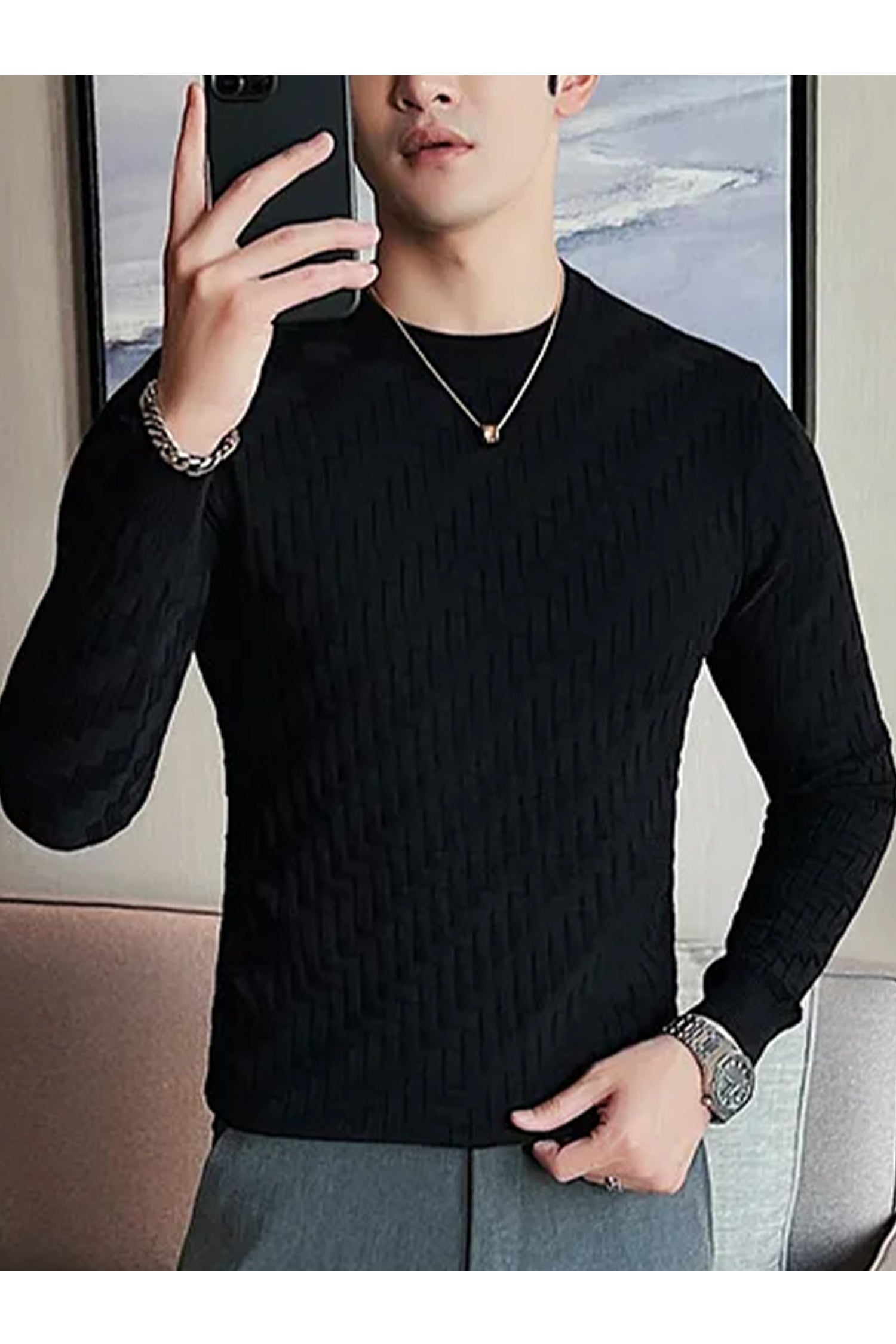 Mountain Friendly Cable Knit Sweater Style Crew Neck Men's Sweatshirt