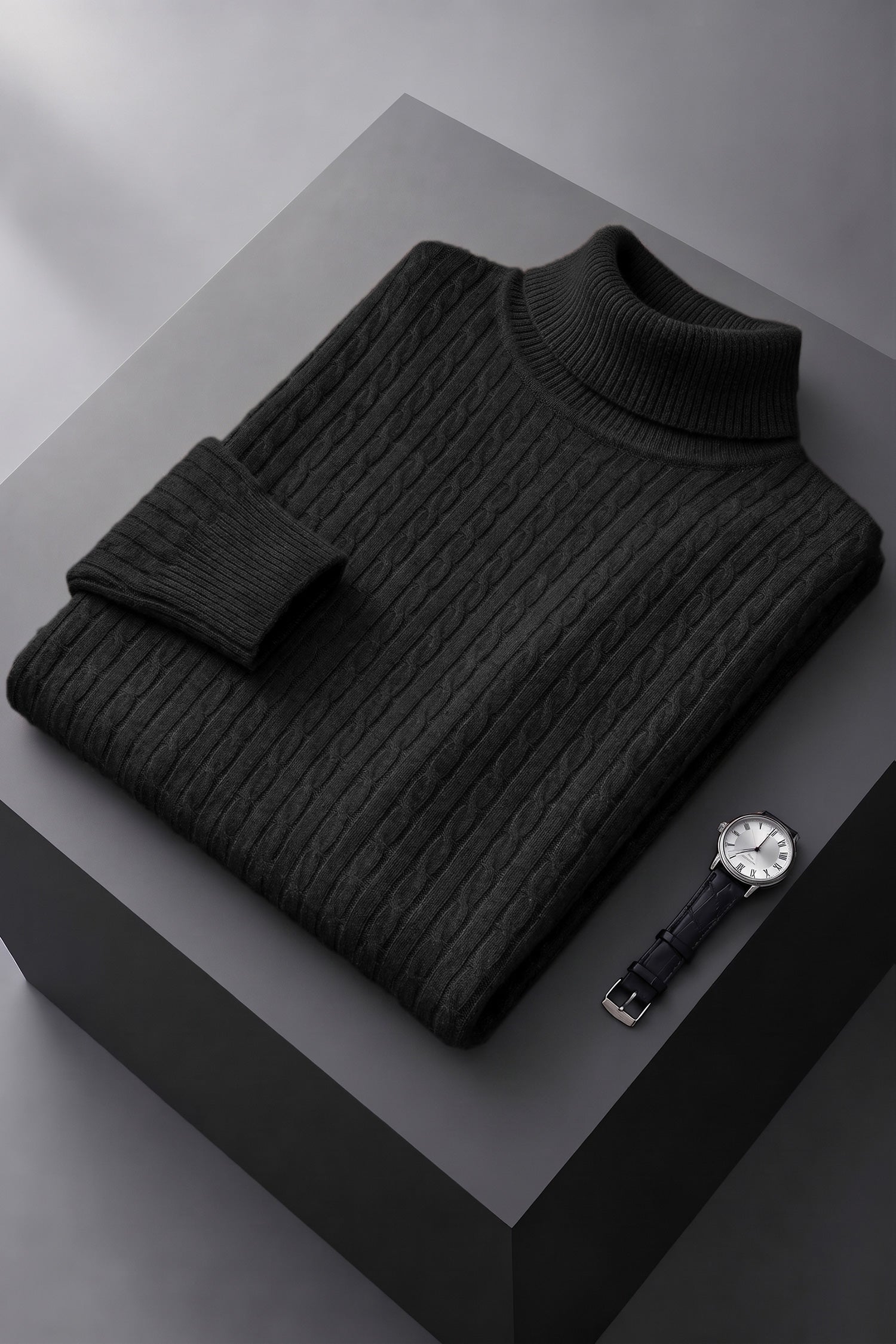 Turbo Cable-Knit Texture Turtleneck Pullover Imported High Neck In Black