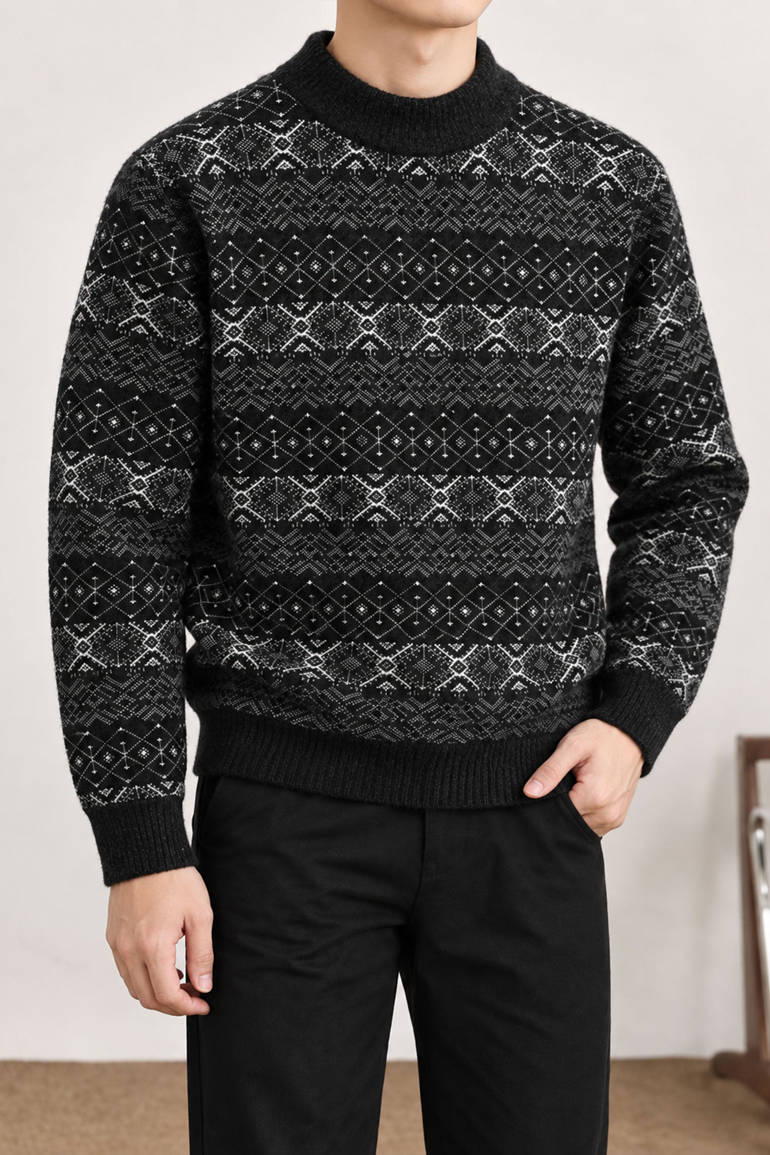 Aesthetic Geometric Patterned  Imported Round Neck Rabbit Wool Men's Sweater In Black