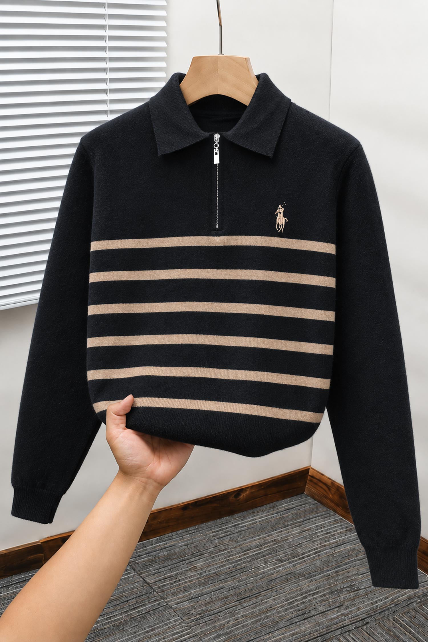 Polo Pony Classy Striped Half-Zip Imported Men's Jumper Sweater In Black