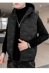 Embossed Design Quilted Detachable Hood Imported Men's Gilet in Black