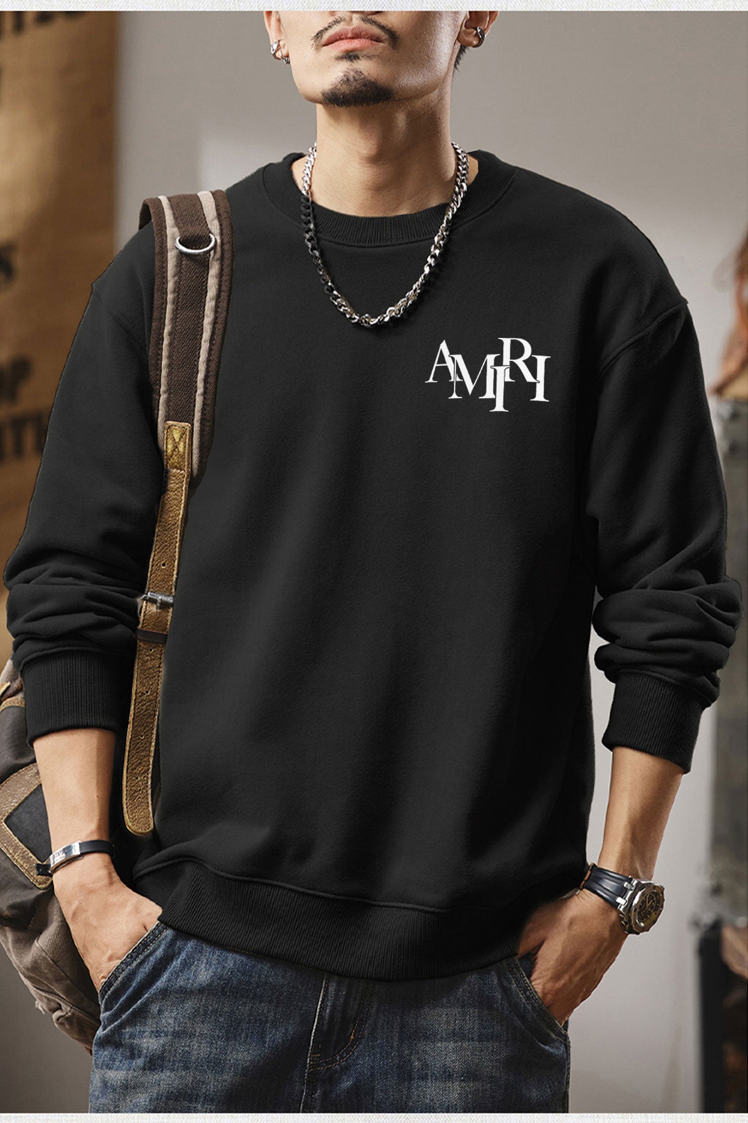 Amri Slogan Signature Crew Neck Full Sleeves Men's Sweatshirt In Black