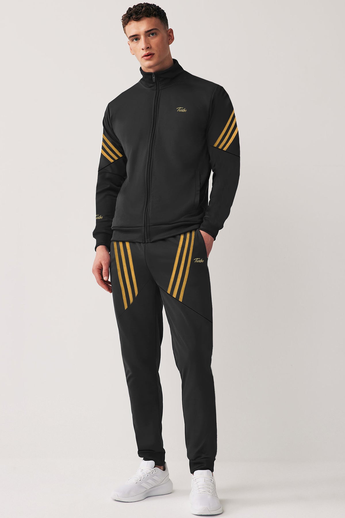 Turbo Diagonal Stripes Men Zipper Tracksuit In Black