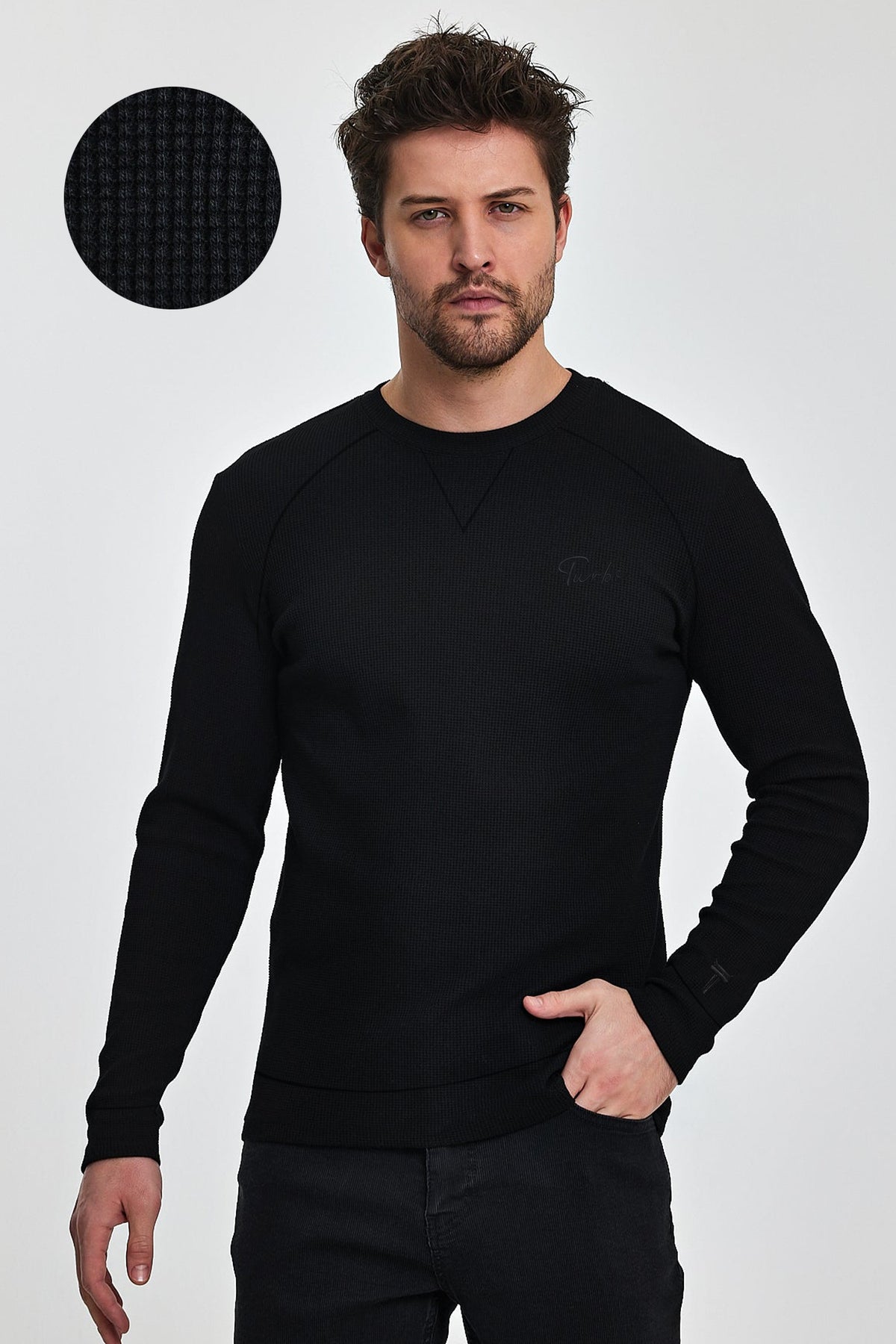 Turbo T Shoulder Style Round Neck Thermal Cotton Men's Sweatshirt In Black