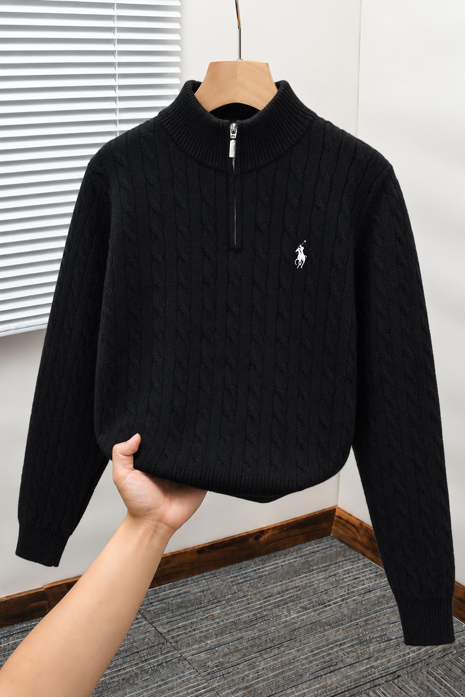 Polo Cable Crew Texture Half-Zip Imported Men's Jumper Sweater In Black