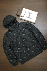 Nke Alphabets Pattern Quilted Padded Imported Puffer Jacket In Black