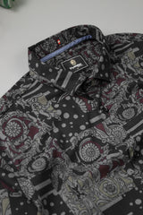 Turbo Retro Flower Motif Long Sleeve Cotton Casual Shirt In Black