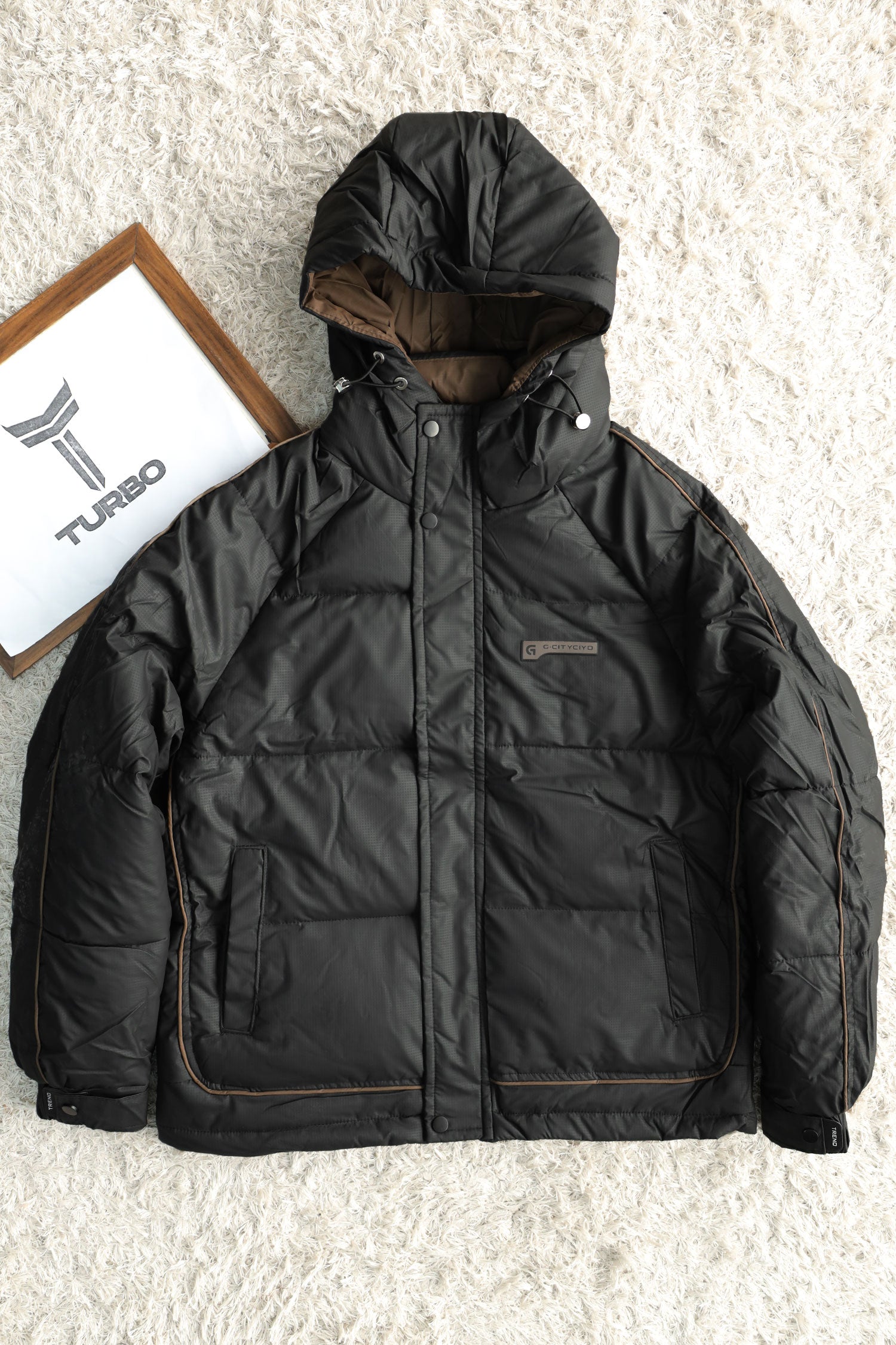 Self Block Pattern Padded Hooded Imported Puffer Jacket