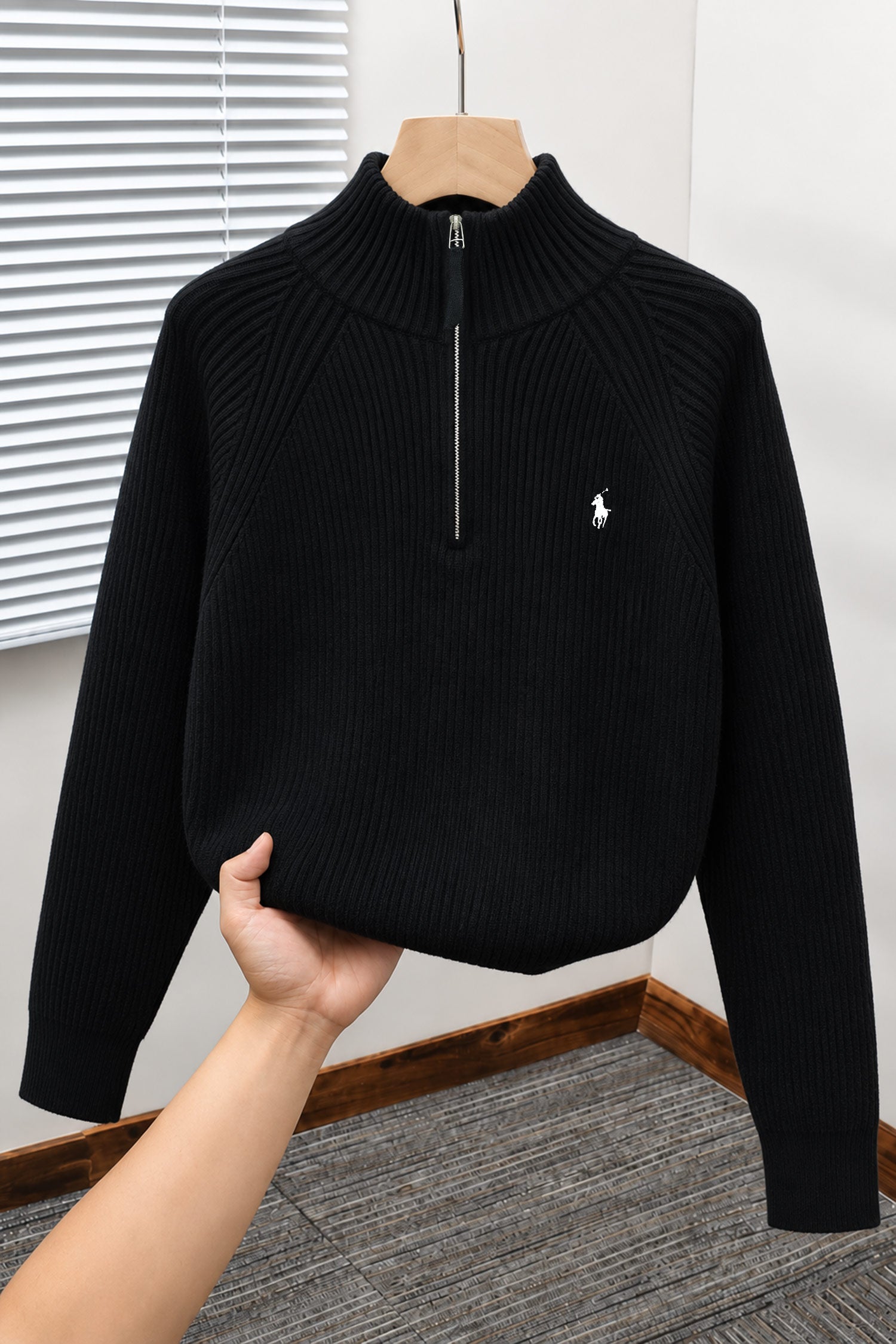 Polo Pony Winter Old Money Pullover Imported Men's Jumper Sweater In Black