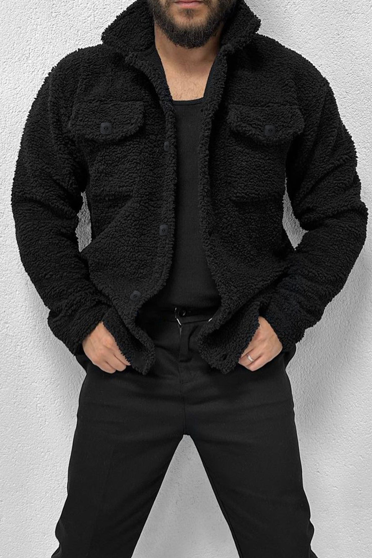 Turbo Pocket Style Sherpaa Fleece Light Weight Jacket In Black