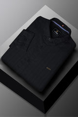 Turbo Self Stripe Motif Long Sleeve Cotton Casual Shirt In Black